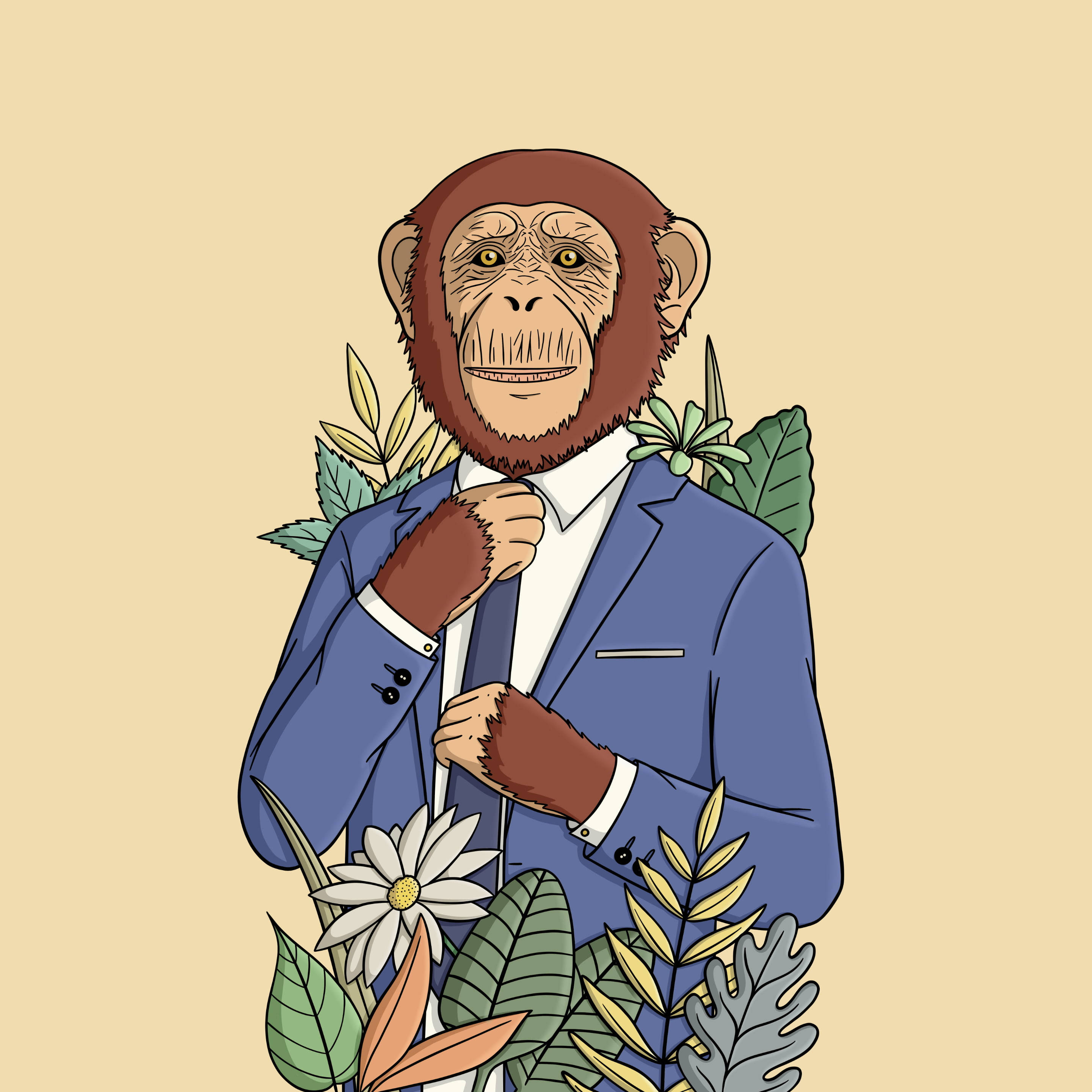 elegant chimpanzee, blue suit, tie, 2K Desktop Wallpaper