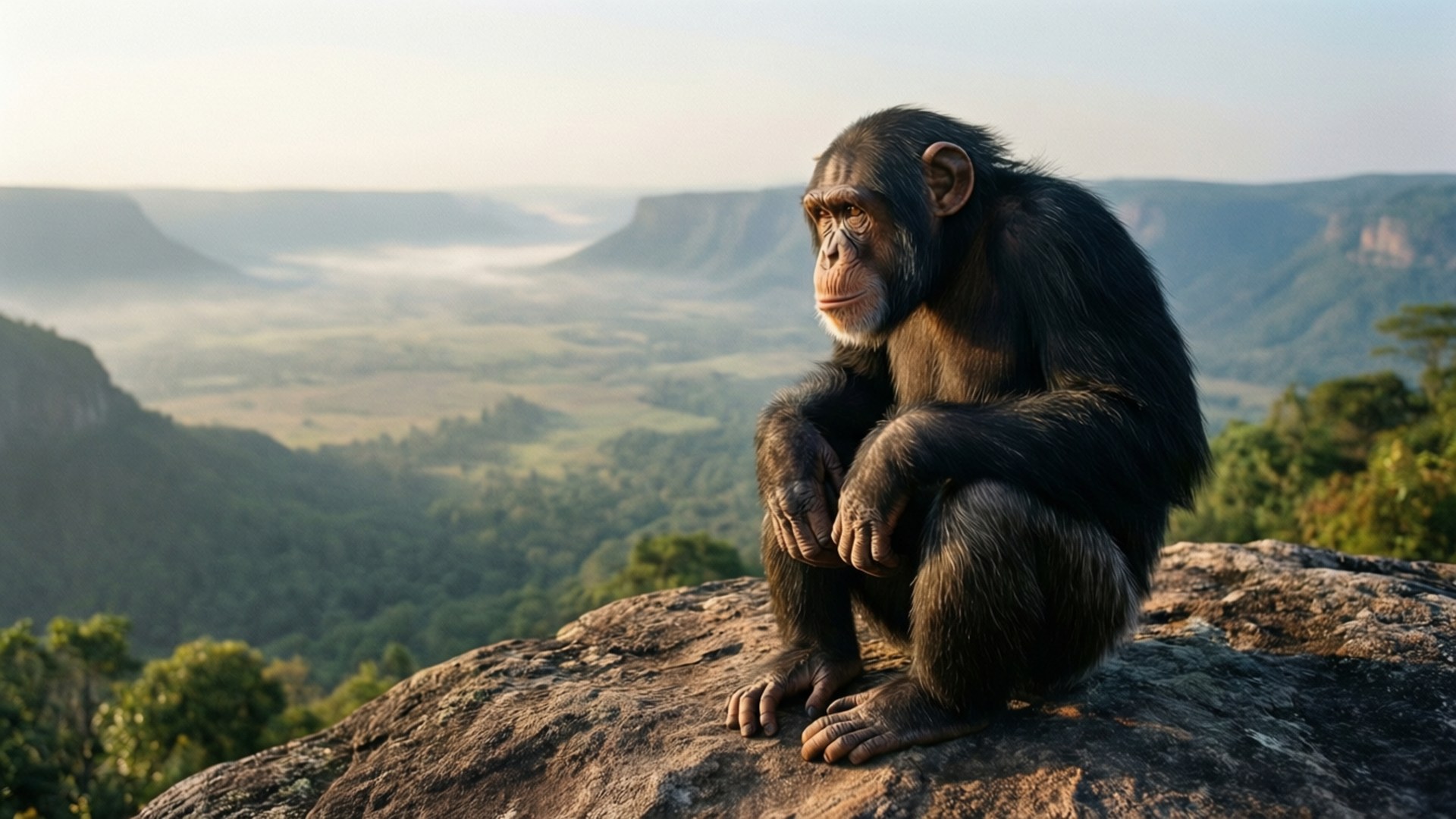 chimpanzee, rocky outcrop, misty valley, Full HD Desktop Wallpaper