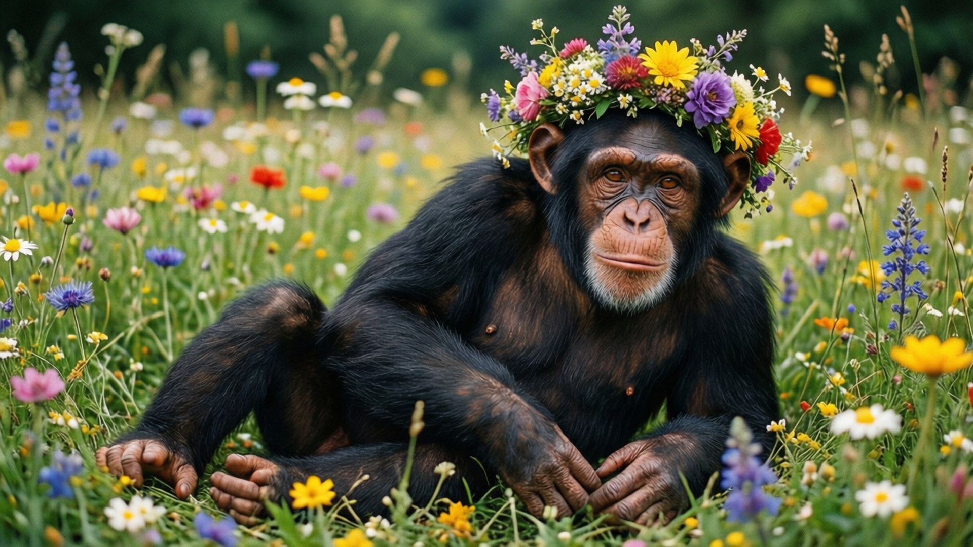 flower crown, chimpanzee, vibrant meadow, Full HD Desktop Wallpaper