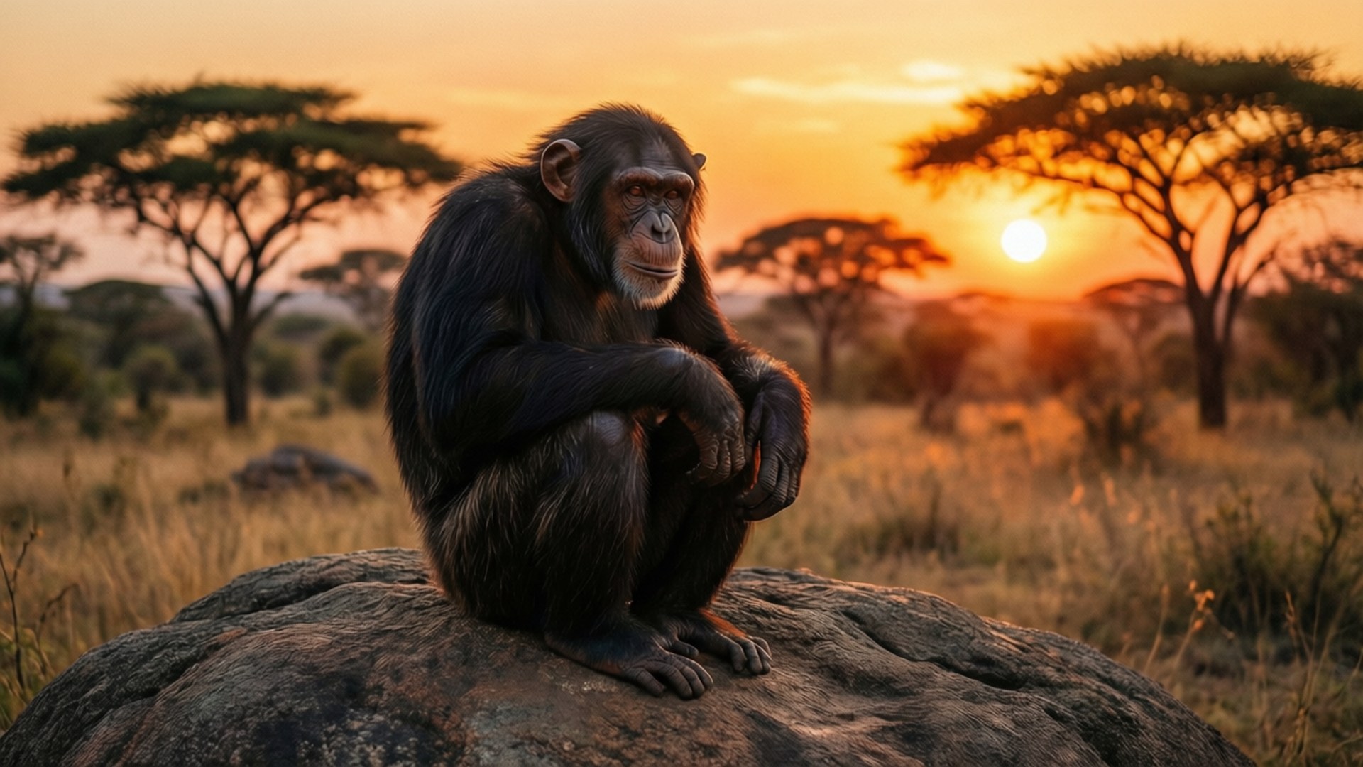 Savannah Sunset, chimpanzee, acacia trees, Full HD Desktop Wallpaper