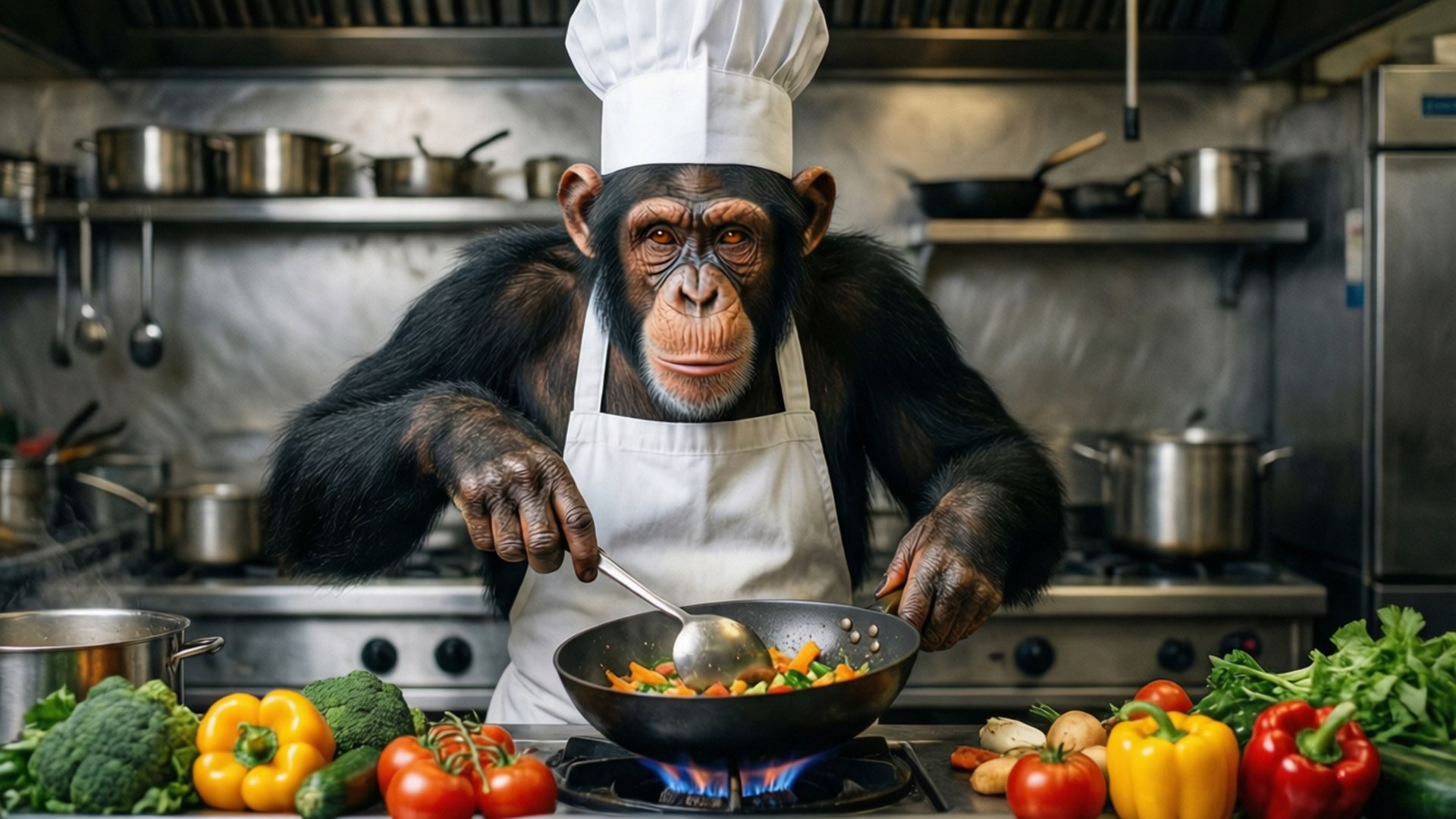 chimpanzee chef, white hat, apron, Full HD Desktop Wallpaper