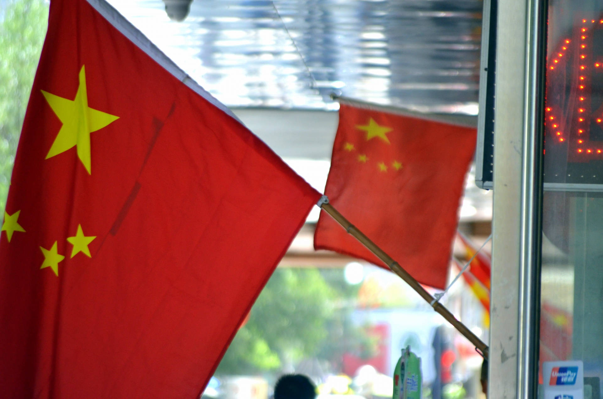 China flag, neon lights, window, Full HD Desktop Wallpaper