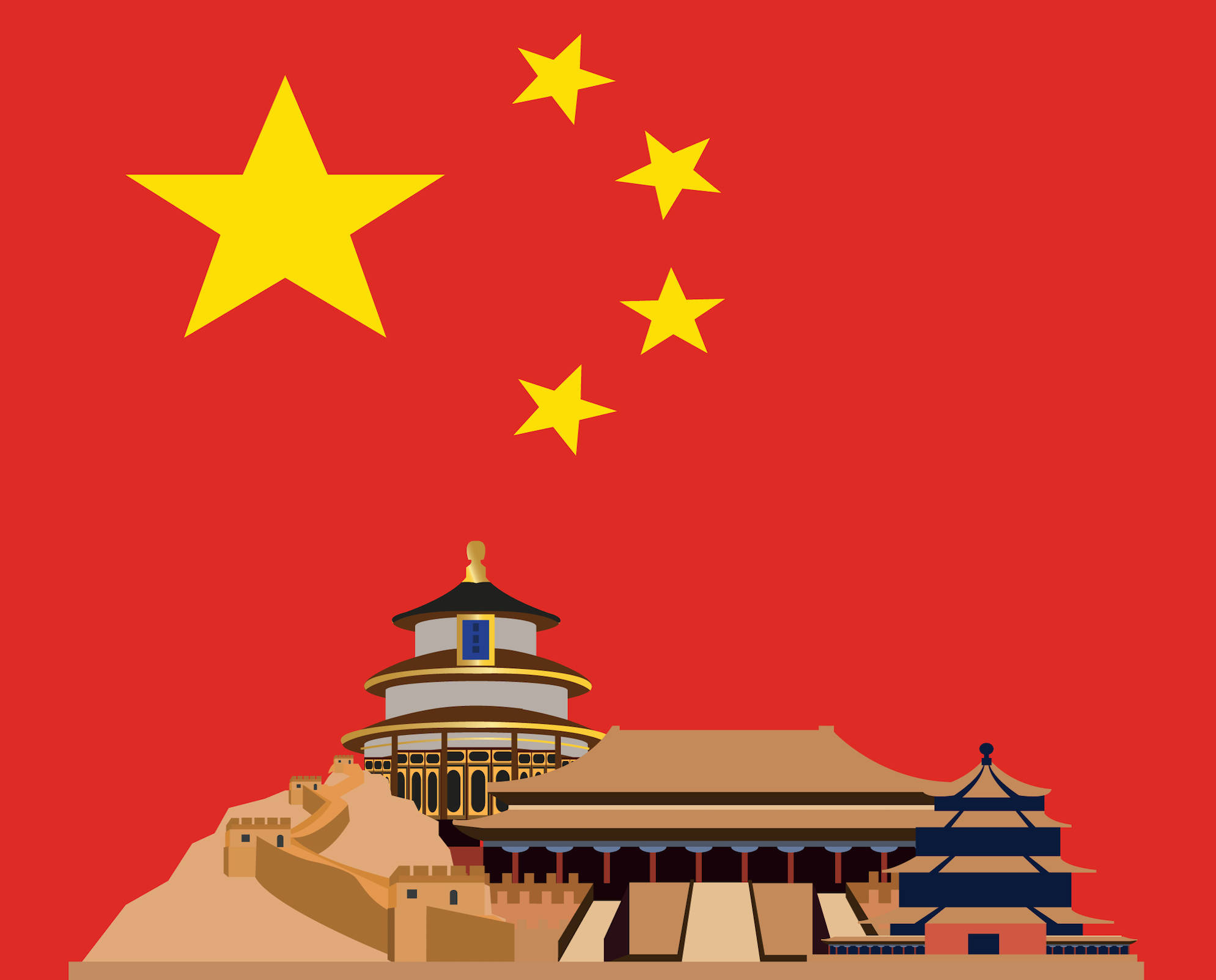 China flag, red flag with yellow stars, iconic Chinese landmarks, Full HD Desktop Wallpaper