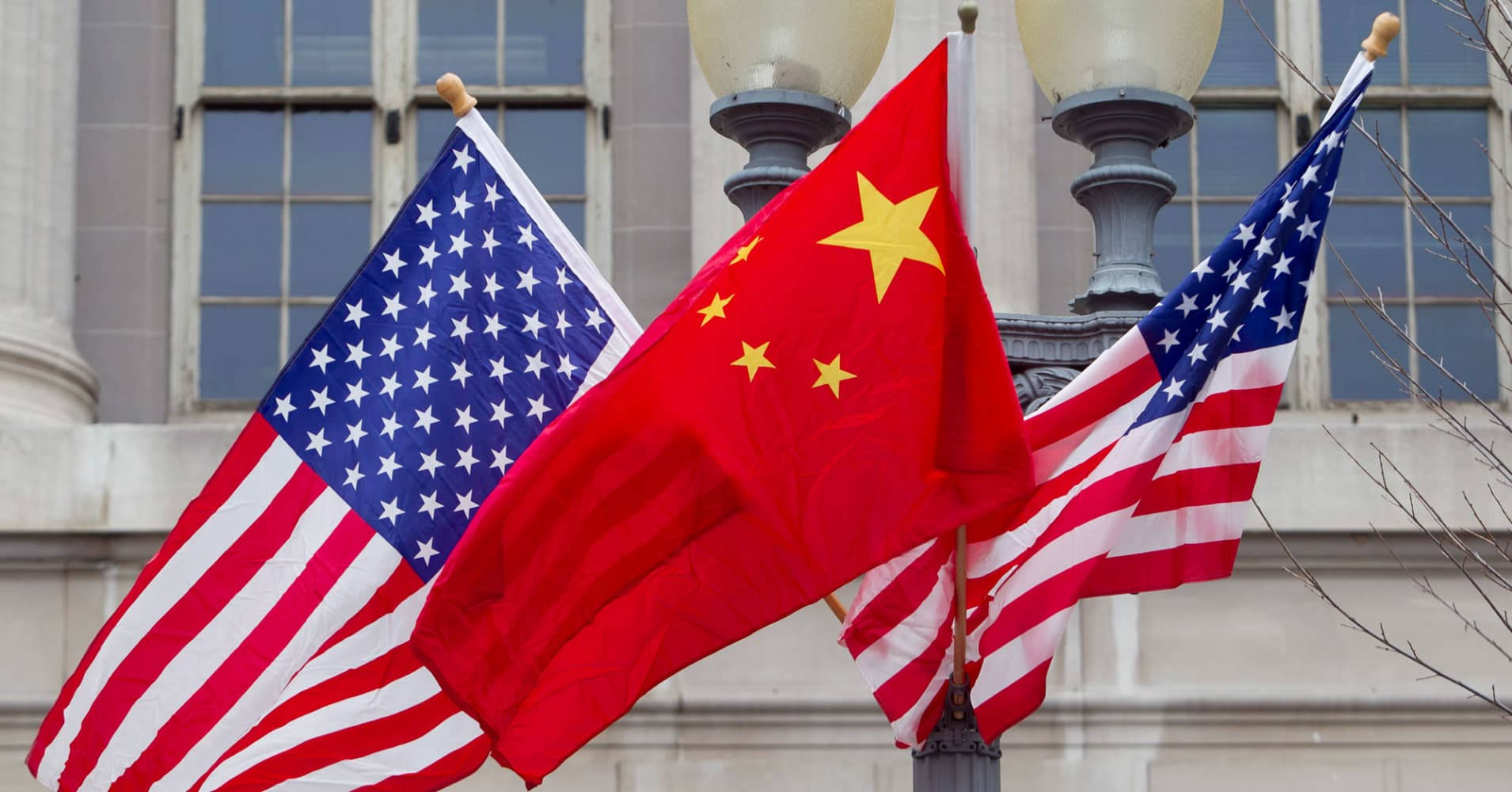 China flag, American flag, classical building facade, HD Desktop Wallpaper