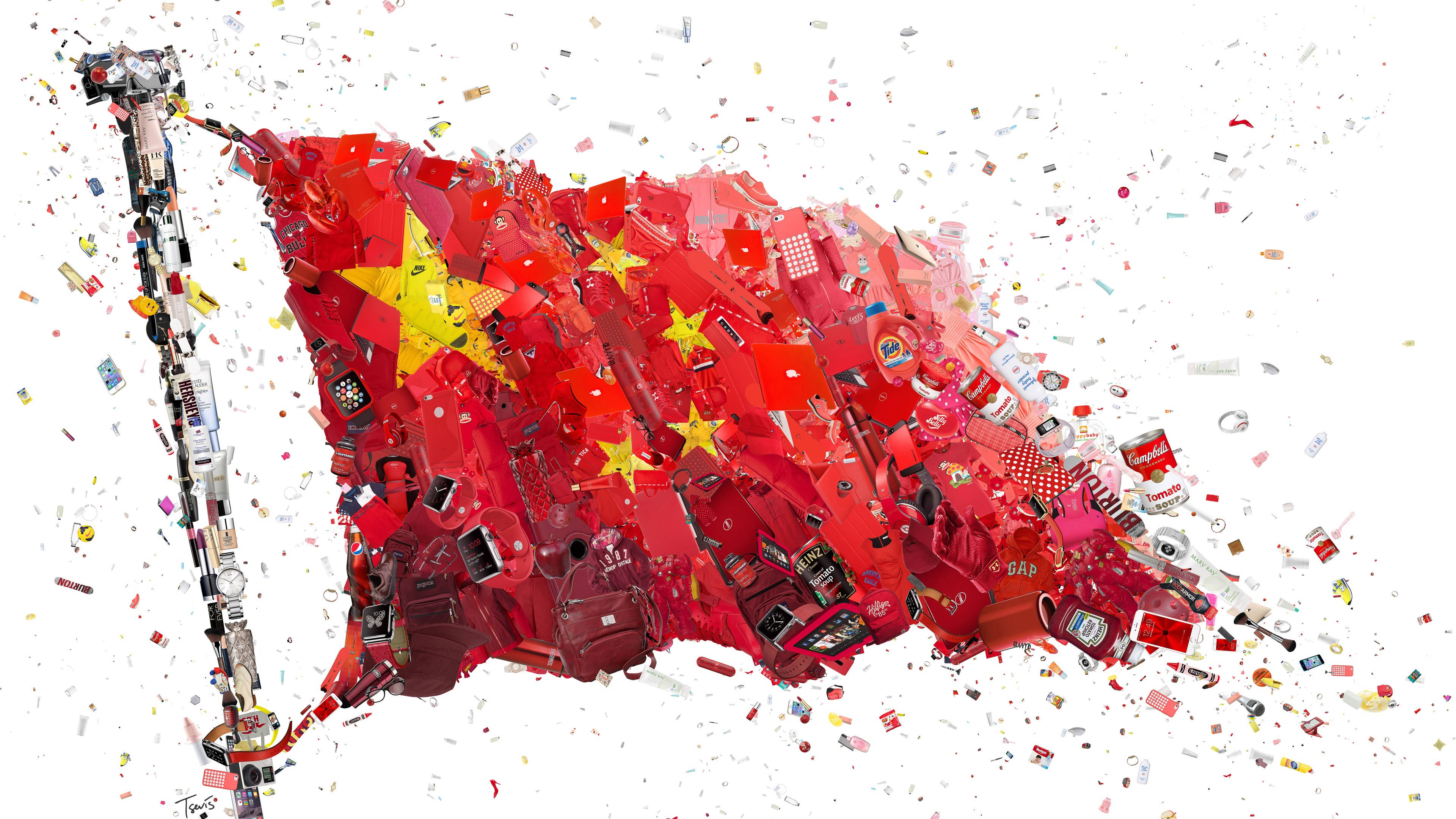 China flag, red consumer products, debris, 4K Desktop Wallpaper
