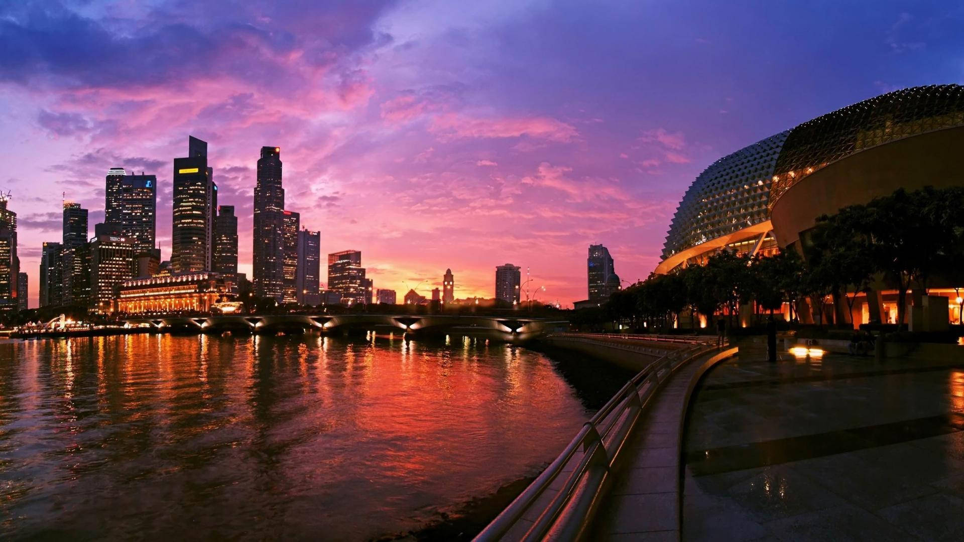 Singapore skyline, sunset, pink and purple hues, Full HD Desktop Wallpaper