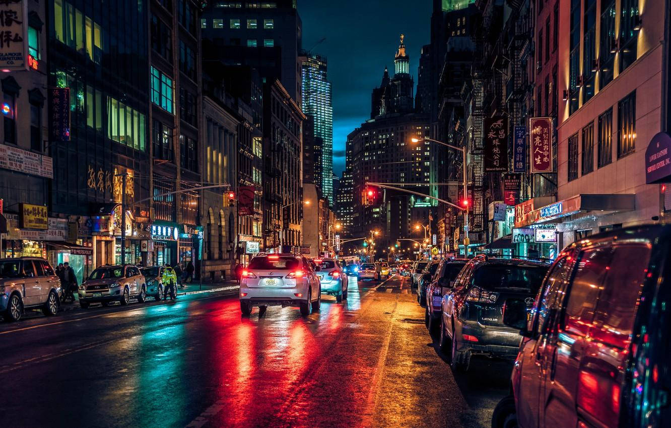 Chinatown Singapore, rain-slicked city street, neon lights, HD Desktop Wallpaper