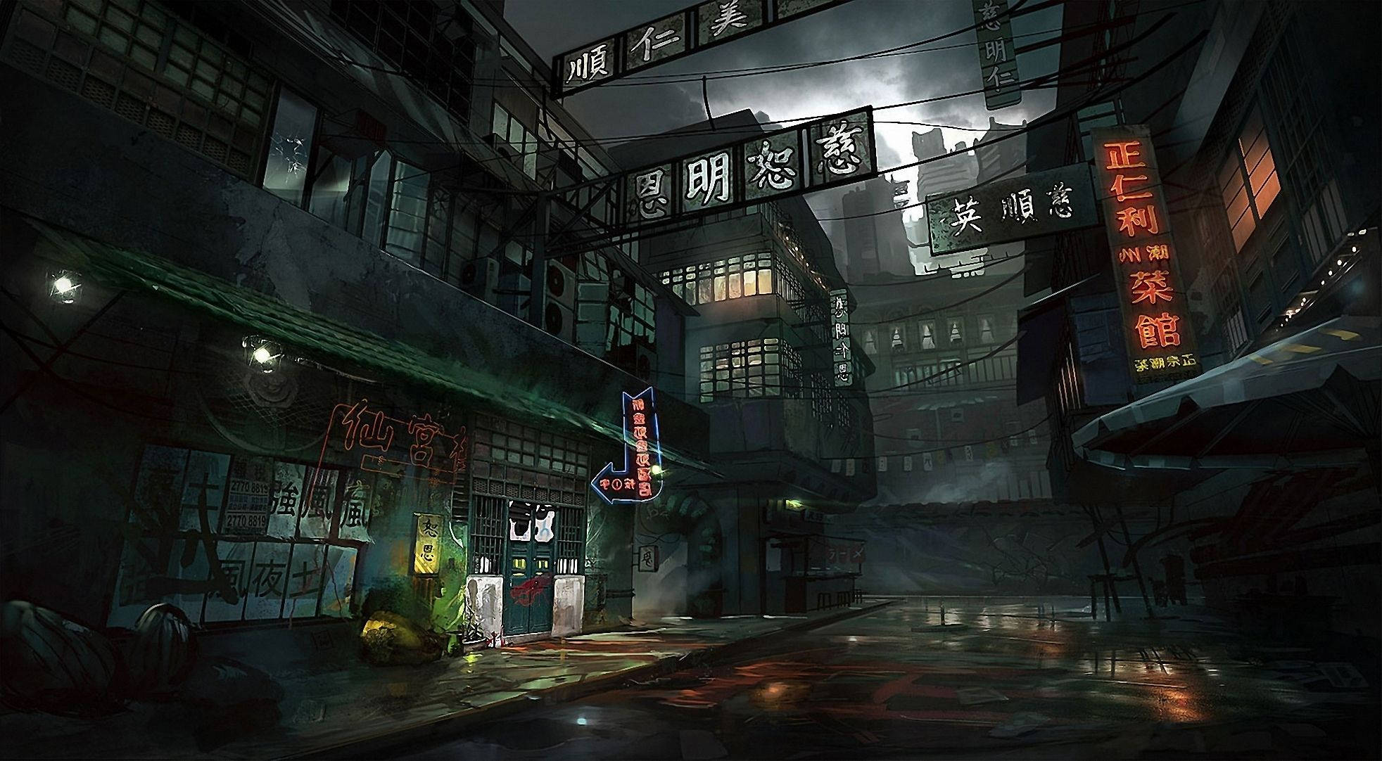 Chinatown, neon-lit alleyway, dystopian Asian city, Full HD Desktop Wallpaper