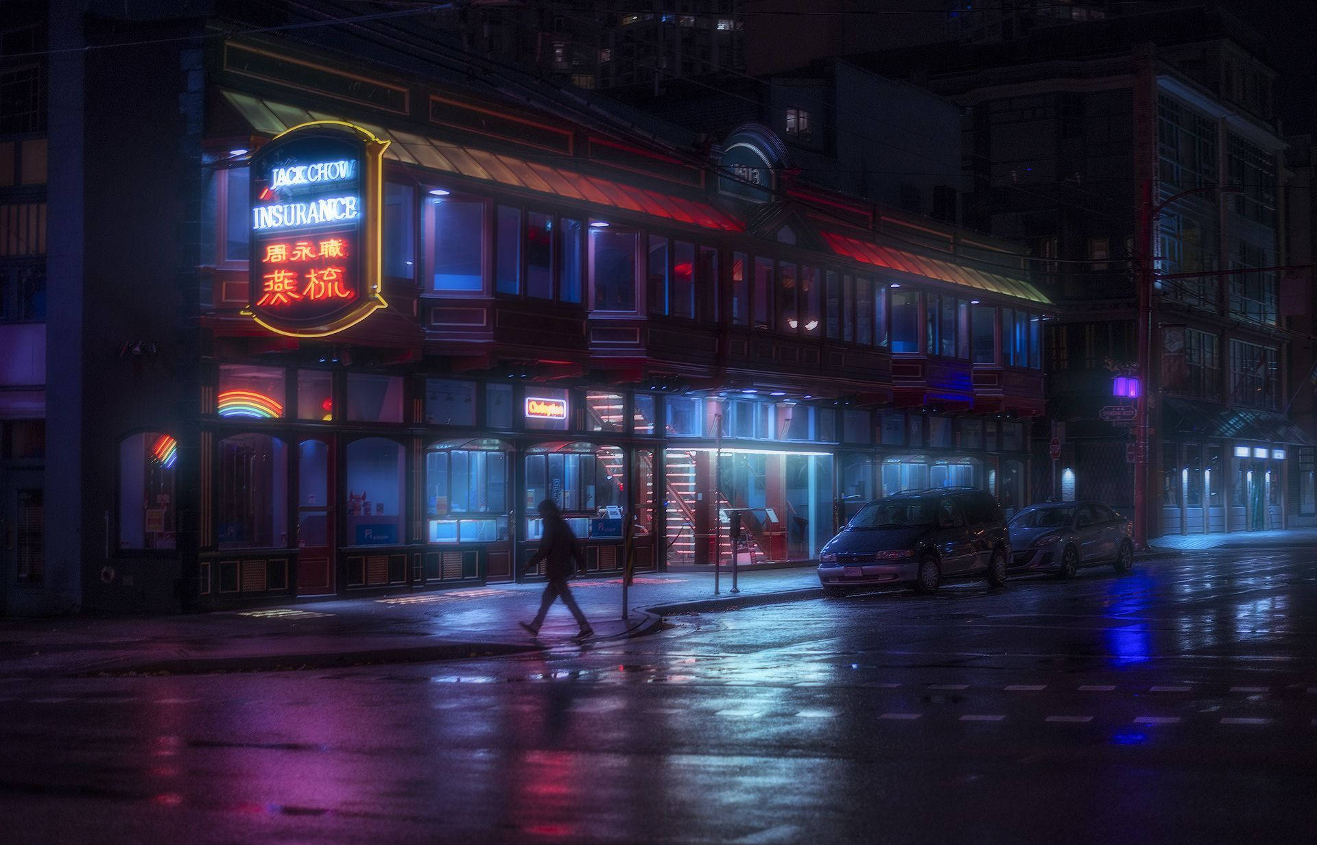 Chinatown Singapore, neon signs, rain-slicked city street, Full HD Desktop Wallpaper