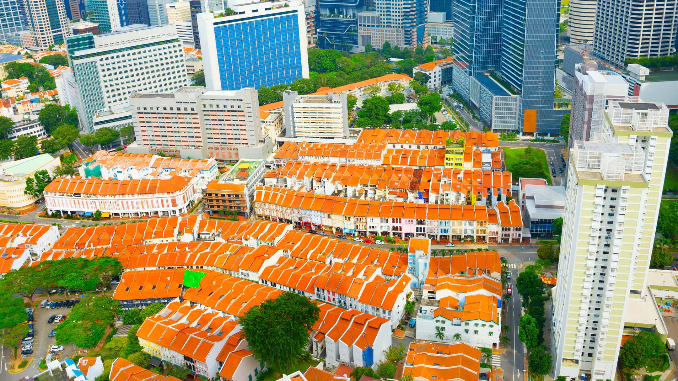Chinatown Singapore, vibrant orange-roofed shophouses, towering modern skyscrapers, Full HD Desktop Wallpaper