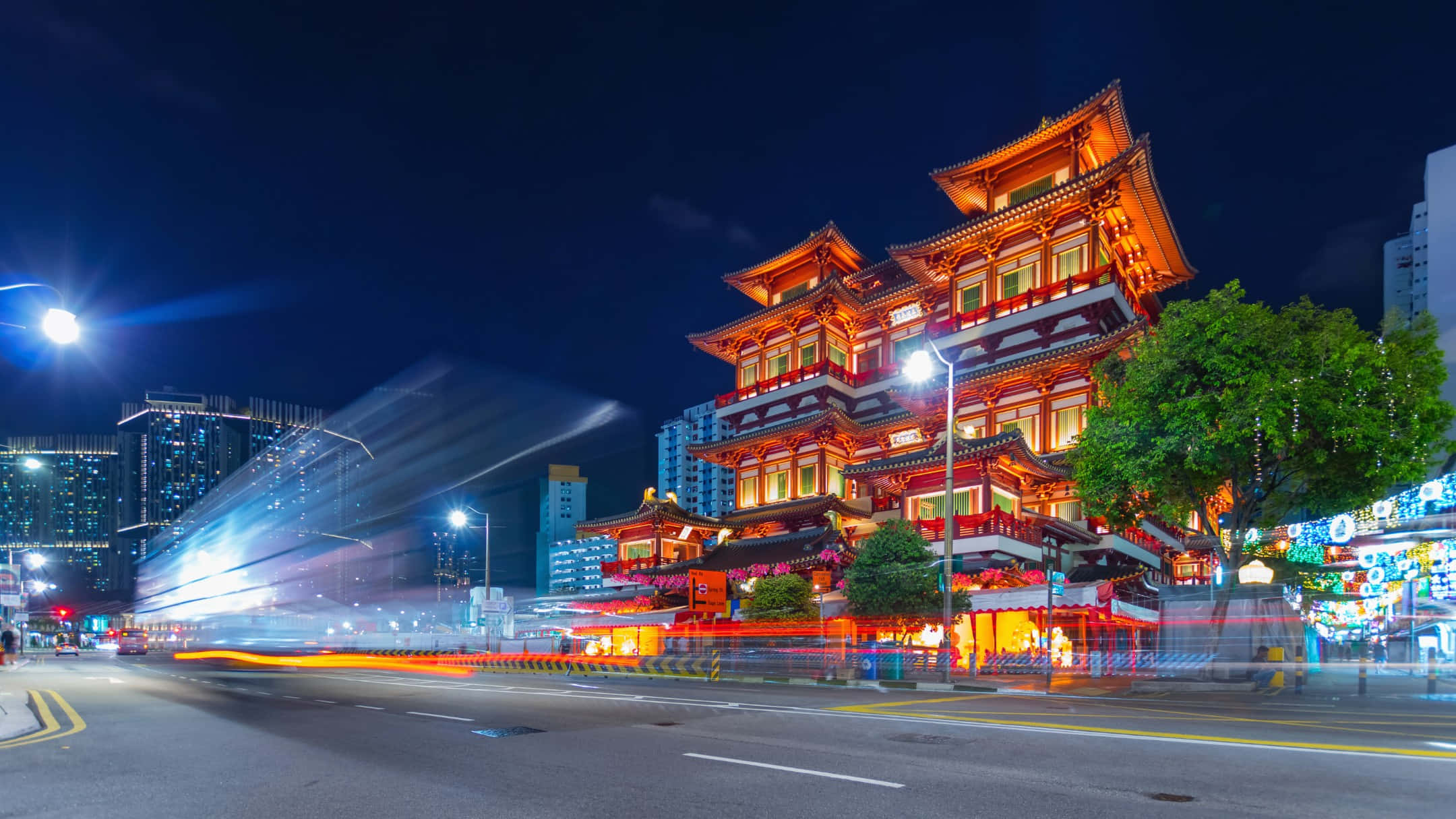 Chinatown Singapore, night scene, glowing traditional pagoda, Full HD Desktop Wallpaper