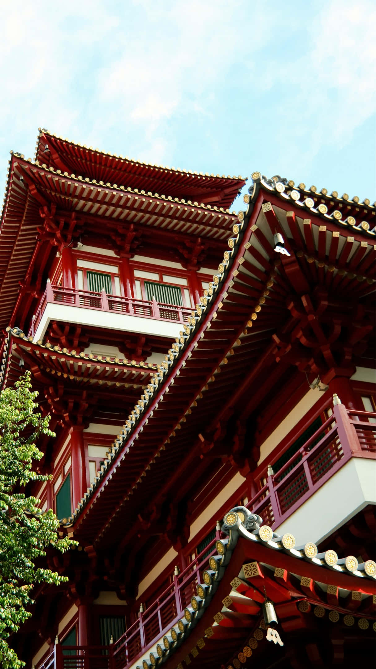 Chinatown Singapore, traditional red and gold multi-tiered East Asian temple, sweeping curved roofs, Full HD Phone Wallpaper