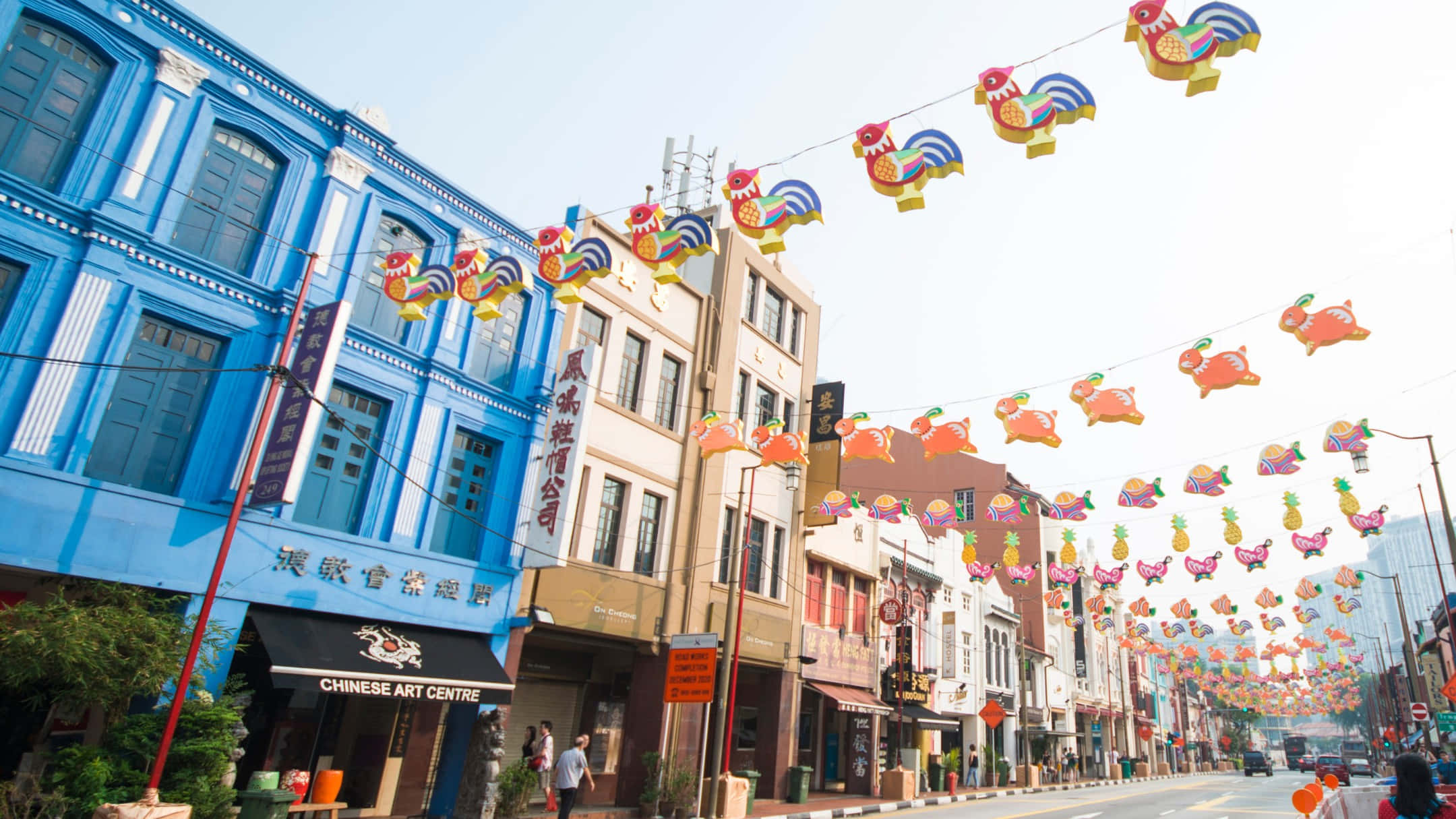 Chinatown Singapore, vibrant blue colonial buildings, colorful rooster and pineapple lanterns, Full HD Desktop Wallpaper