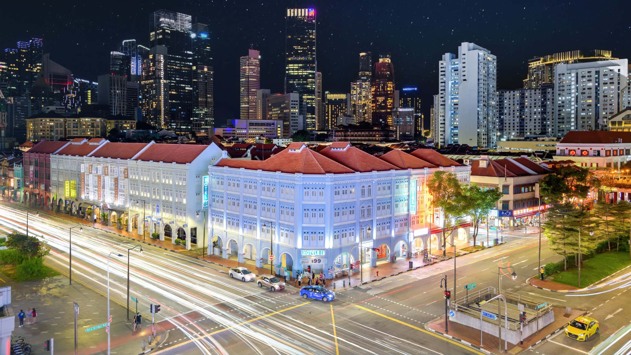 Chinatown Singapore, nighttime cityscape, historic colonial buildings, Full HD Desktop Wallpaper