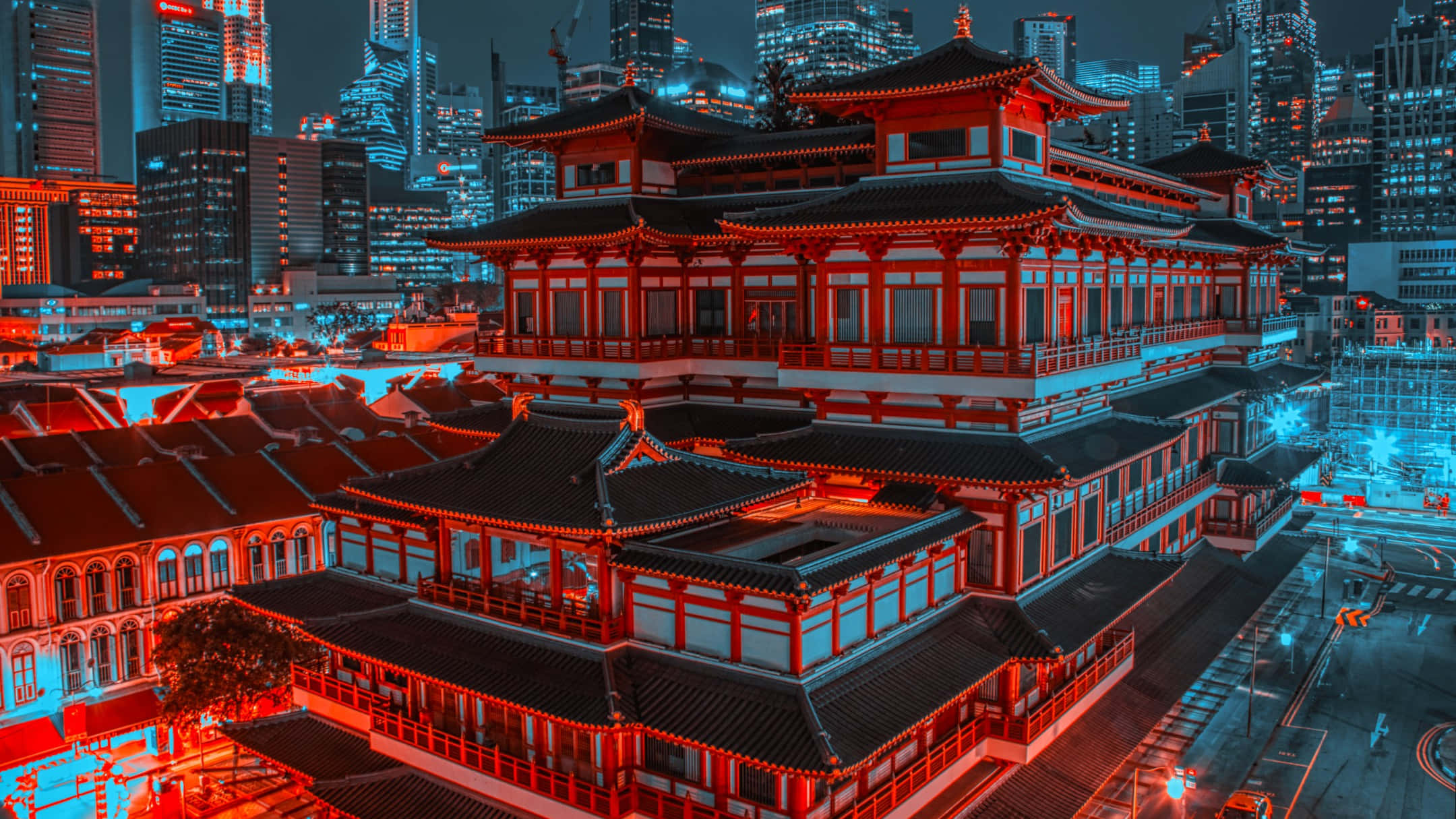 Chinatown Singapore, nighttime architecture, red and black pagoda, Full HD Desktop Wallpaper