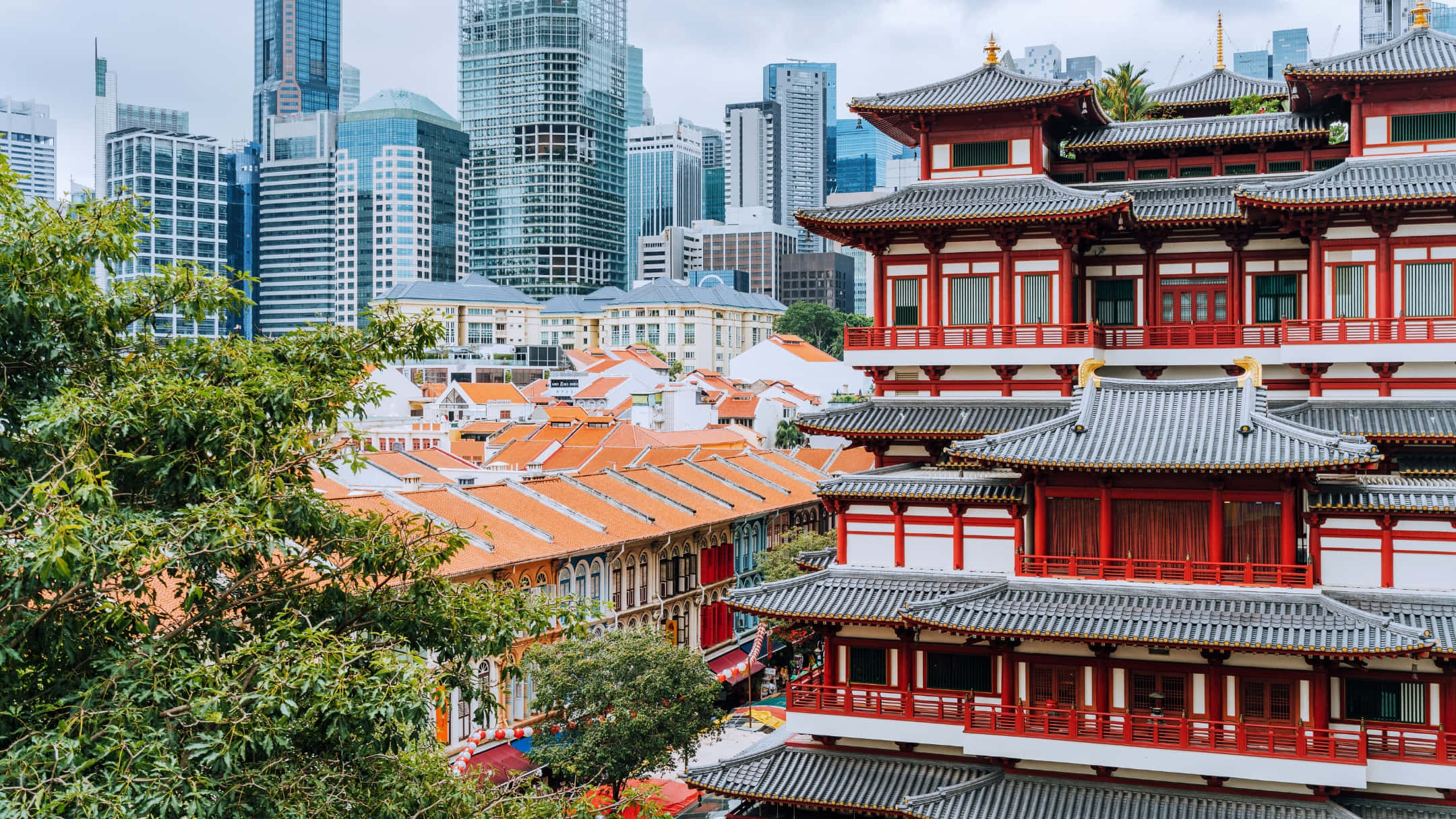 Chinatown Singapore, red and grey temple, tiered roofs, Full HD Desktop Wallpaper