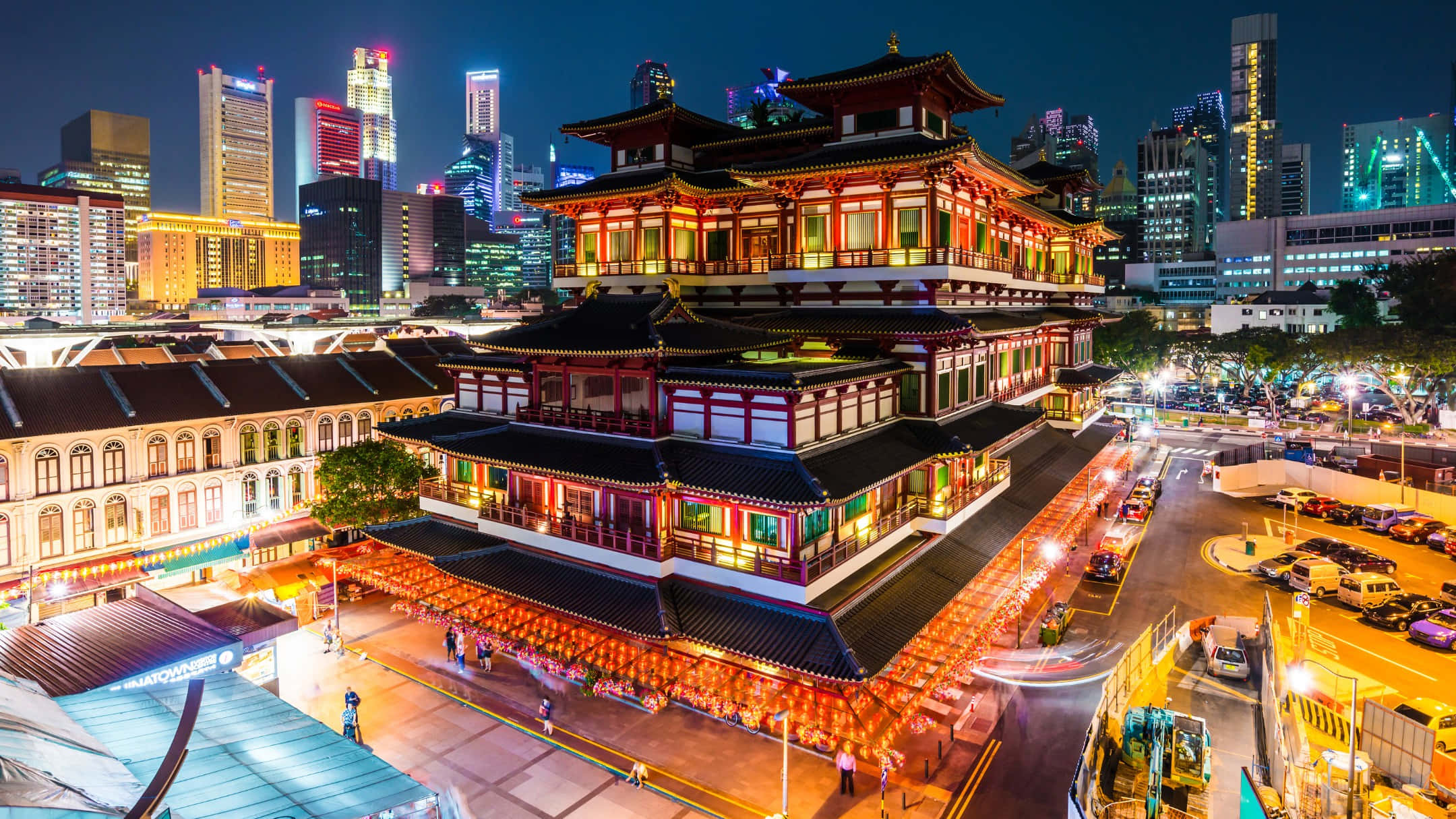 Chinatown Singapore, night view, traditional Chinese temple, Full HD Desktop Wallpaper