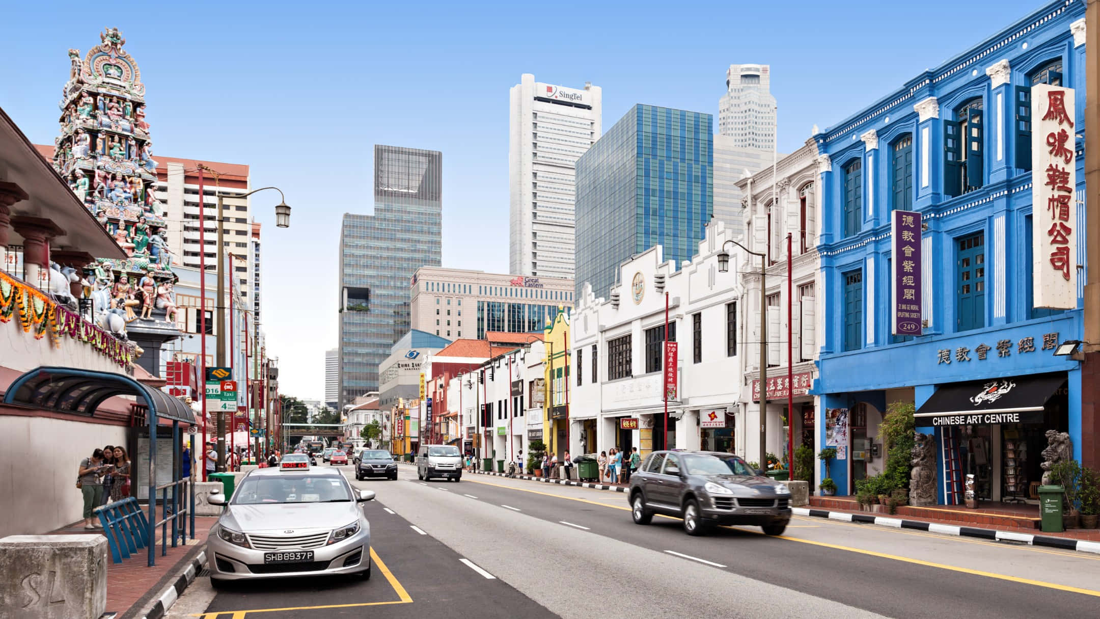 Chinatown Singapore, colonial shophouses, modern skyscrapers, Full HD Desktop Wallpaper