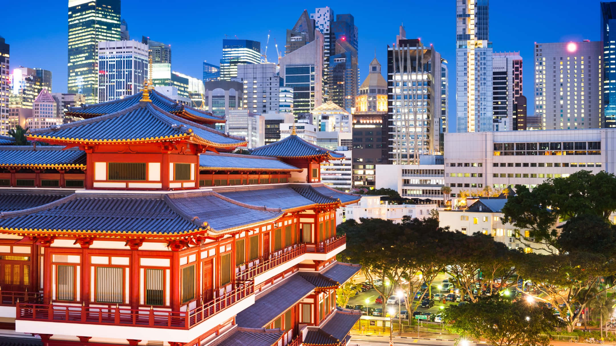 Chinatown Singapore, traditional red and blue pagoda, towering illuminated skyscrapers, Full HD Desktop Wallpaper
