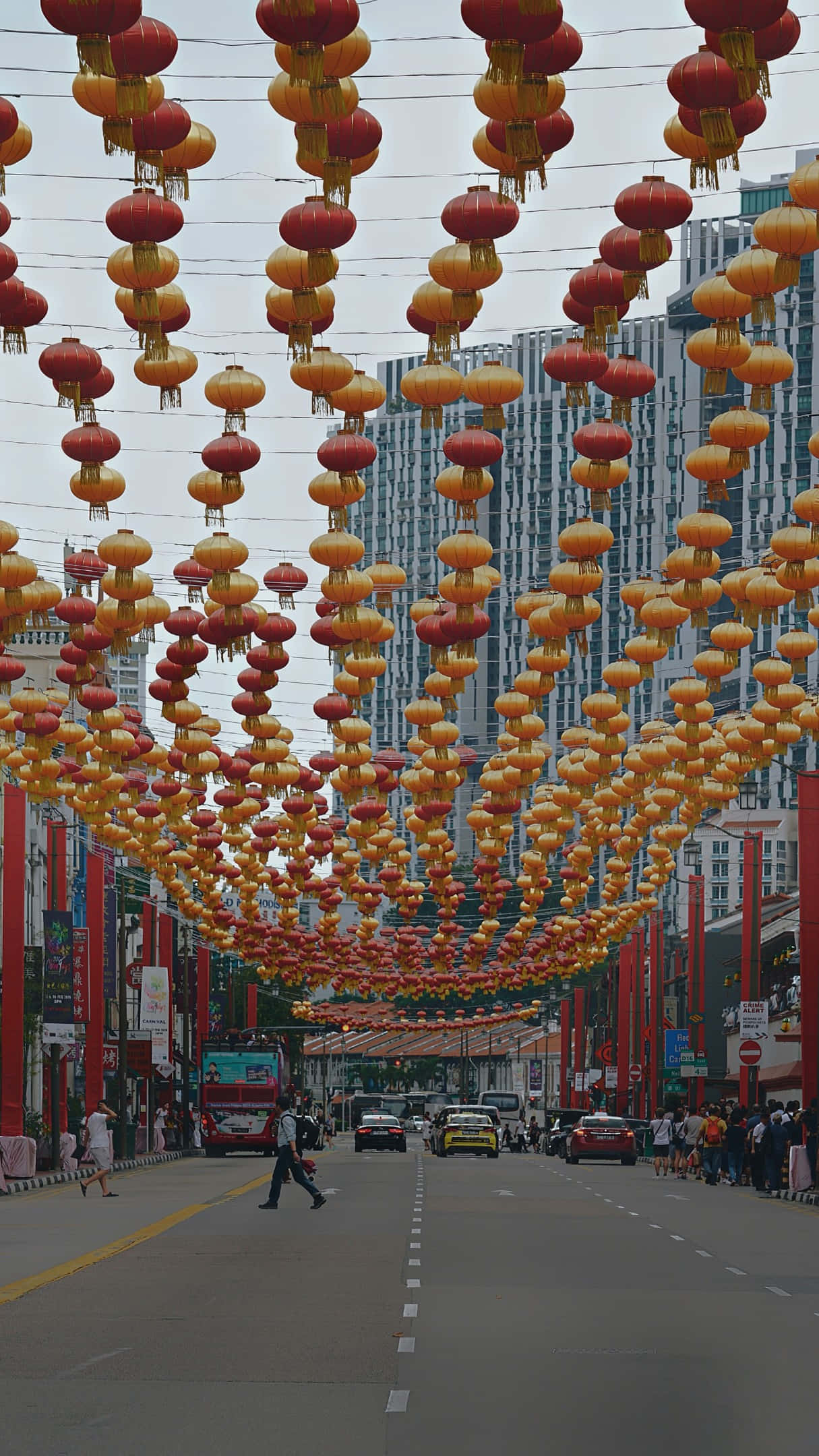 Chinatown Singapore, red and gold lanterns, urban street, Full HD Phone Wallpaper