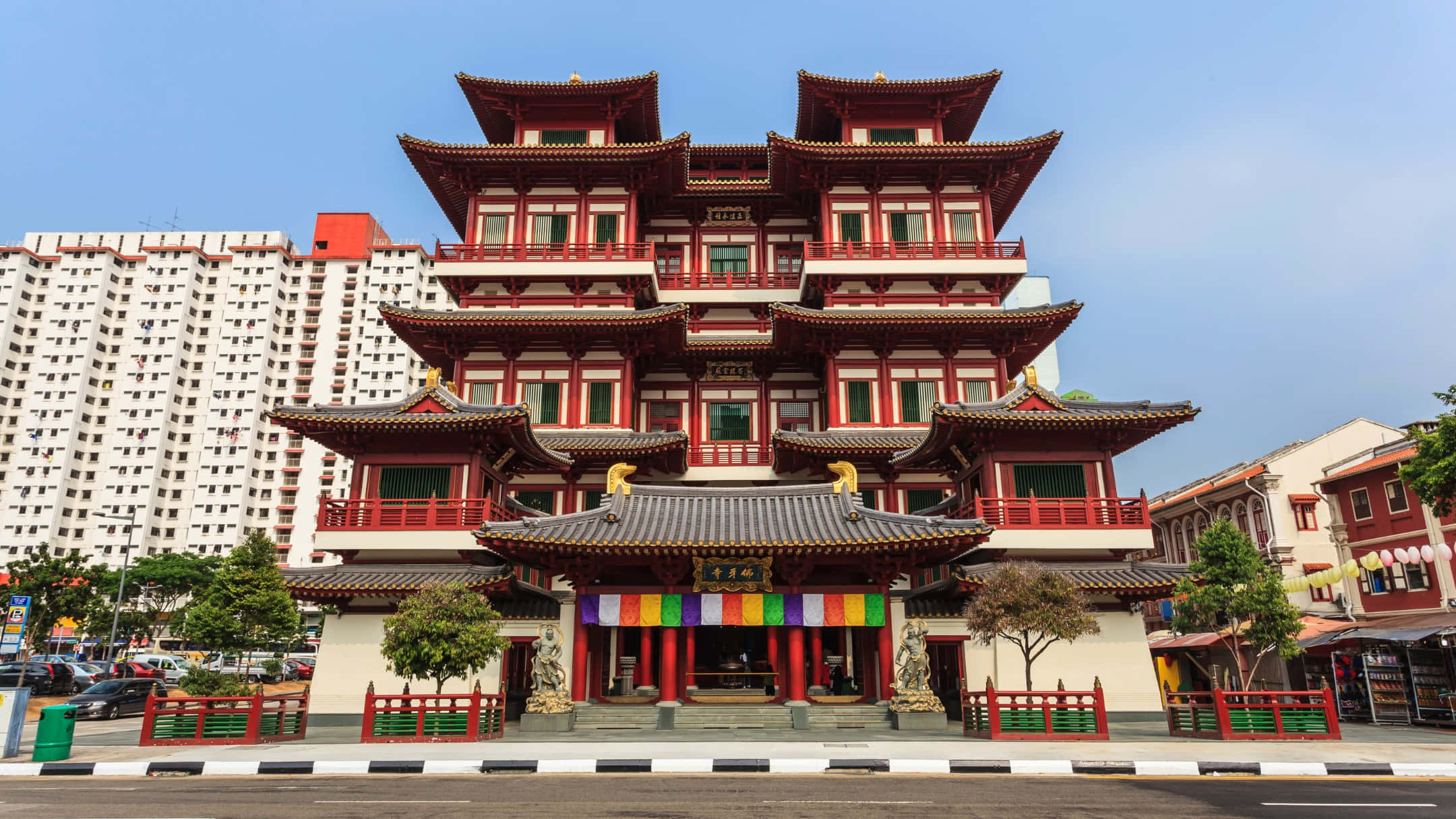 Chinatown Singapore, traditional architecture, multi-tiered red and gold Chinese temple, Full HD Desktop Wallpaper