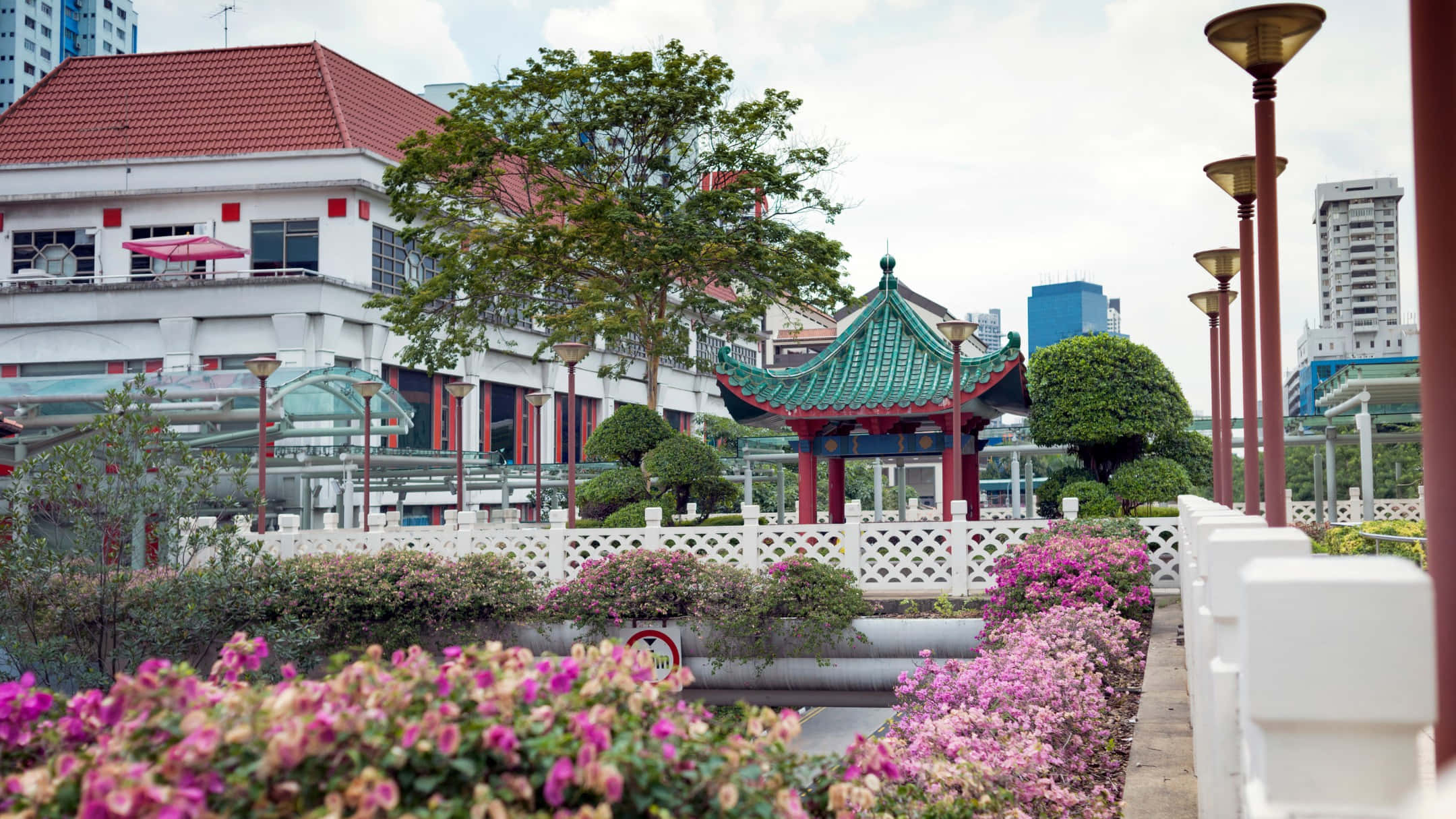 Chinatown Singapore, pavilion, green-roofed Chinese pavilion, Full HD Desktop Wallpaper