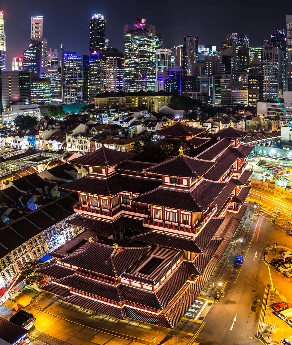 Chinatown Singapore, nighttime skyline, traditional multi-tiered temple, HD Phone Wallpaper