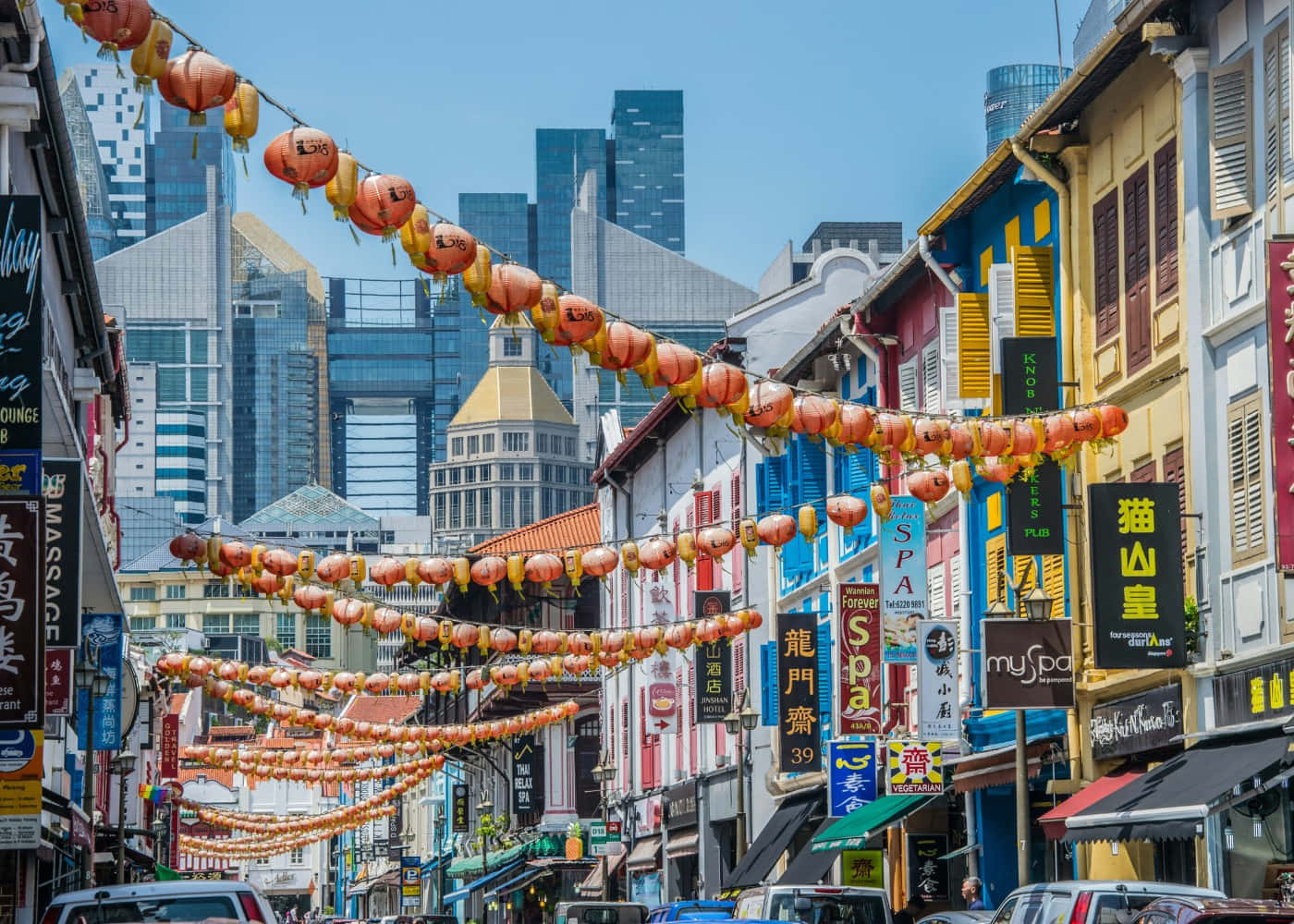 Chinatown Singapore, vibrant orange lanterns, bustling street, HD Desktop Wallpaper