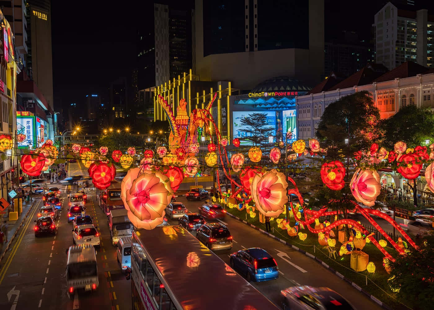 Chinatown Singapore, festival lights, glowing red and gold floral lanterns, HD Desktop Wallpaper