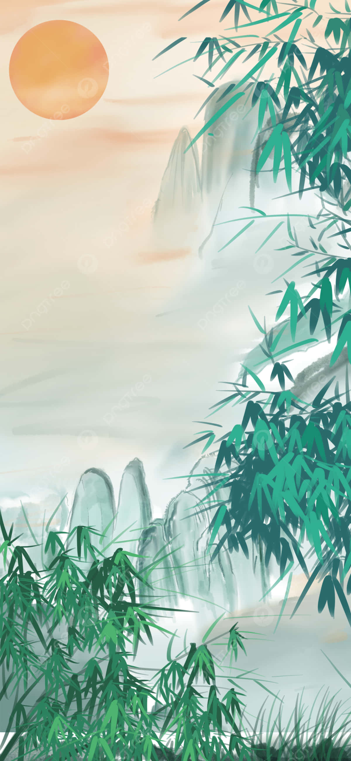 bamboo forest, mountains, warm orange sun, 2K Phone Wallpaper
