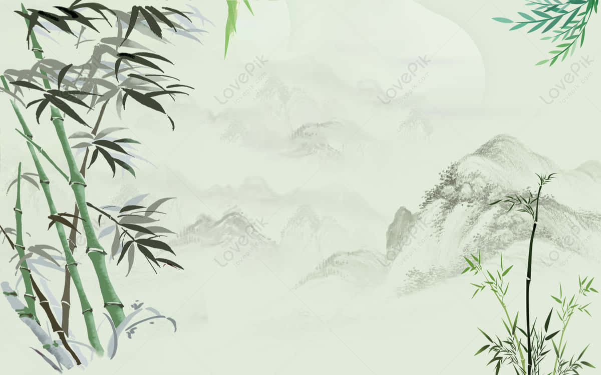 Chinese Bamboo, ink wash painting, misty mountains, SD Desktop Wallpaper