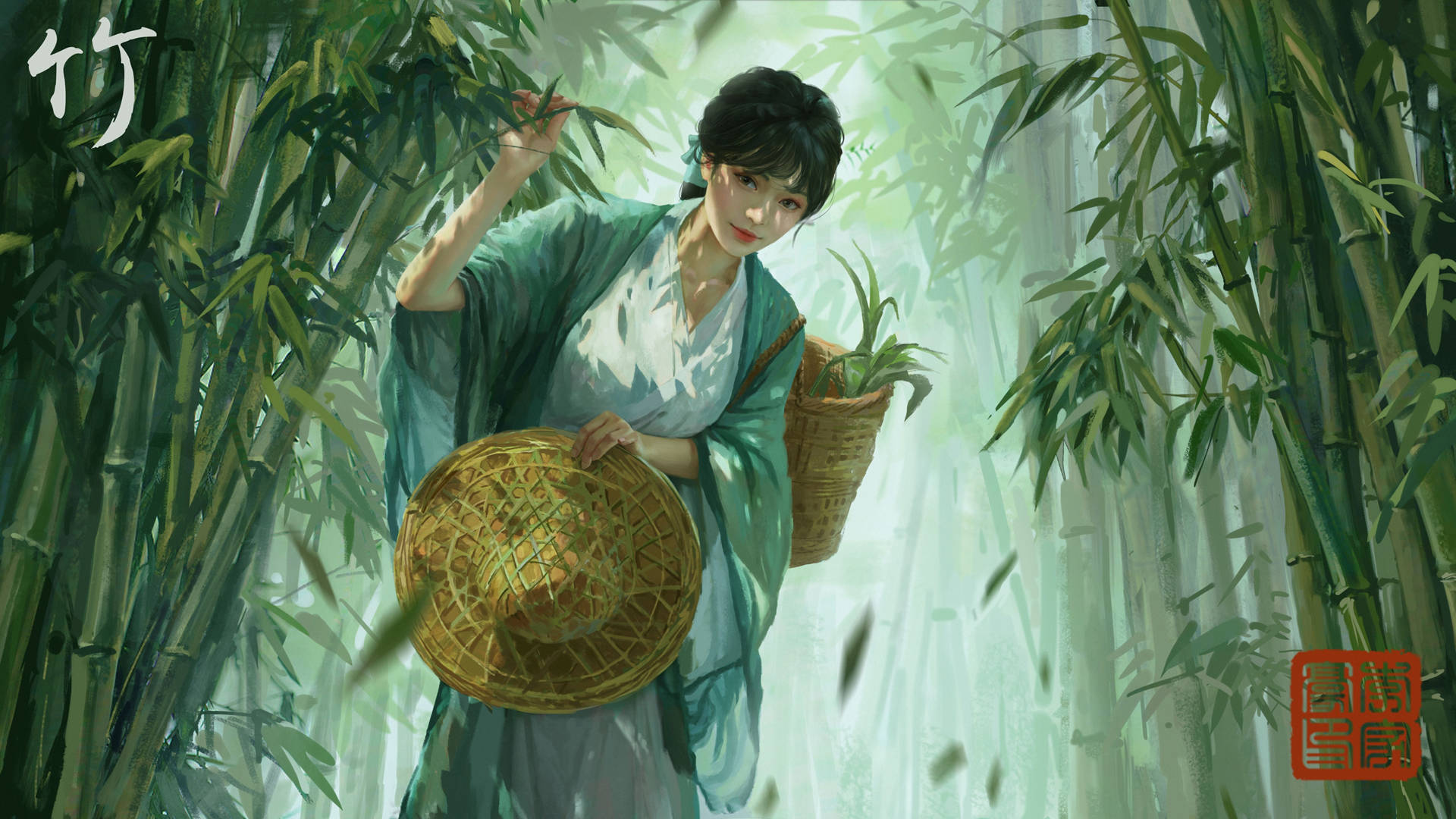 Bamboo 4K Japanese Girl, traditional robes, woven basket, Full HD Desktop Wallpaper