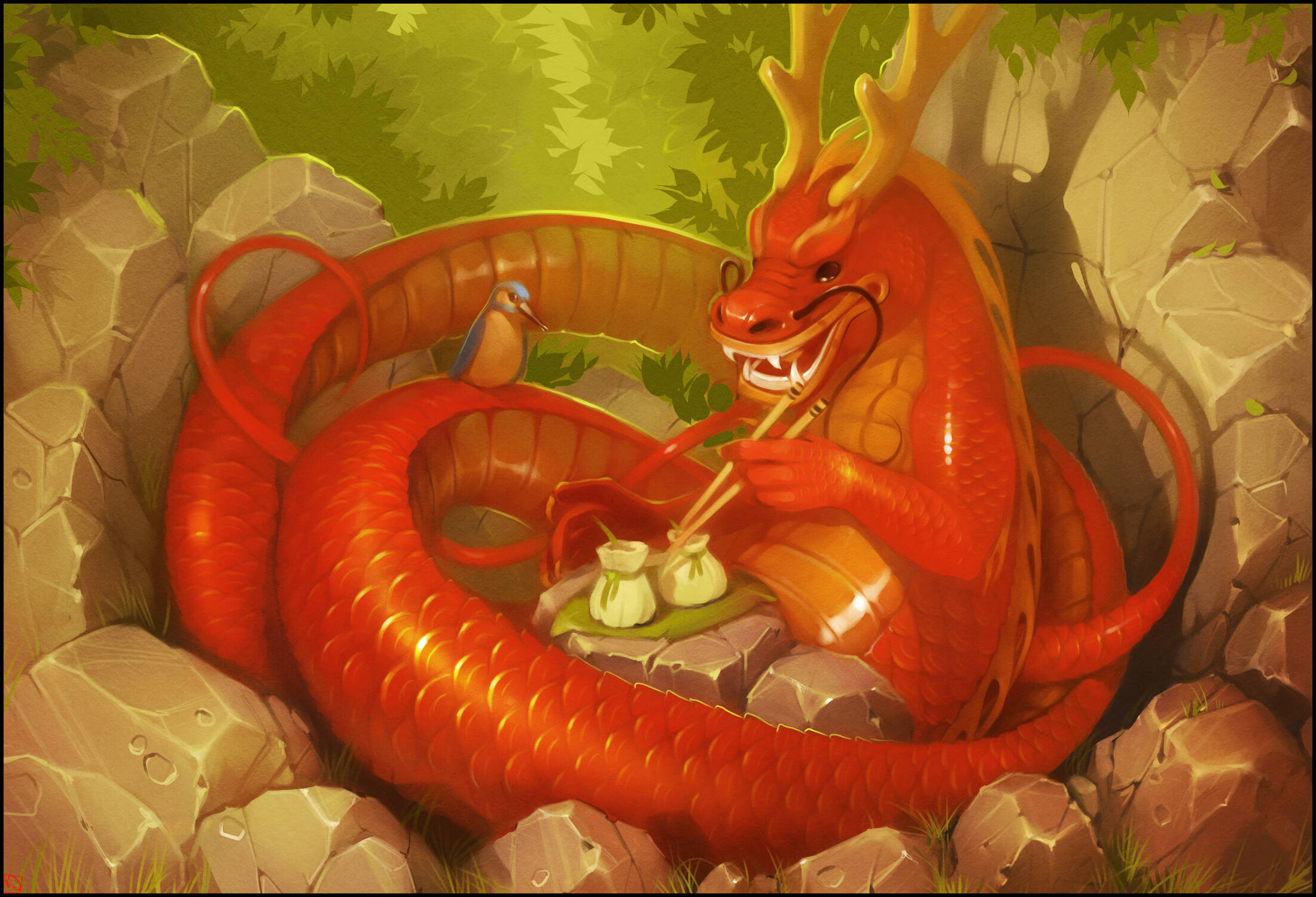 Chinese Dragon, red dragon, dim sum, Full HD Desktop Wallpaper