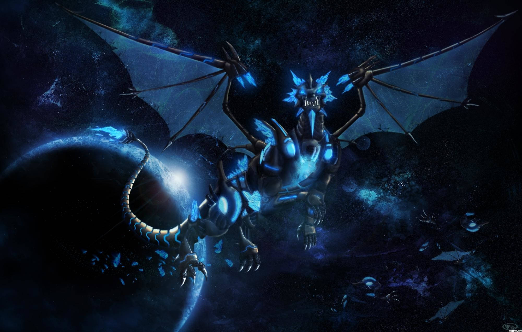glowing blue mechanical dragon, starry cosmic void, planet, Full HD Desktop Wallpaper