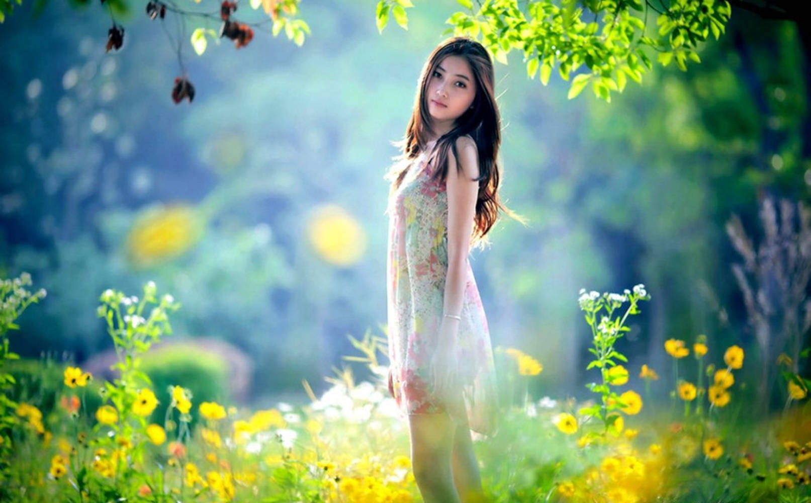 Chinese Girl, forest, floral dress, HD Desktop Wallpaper