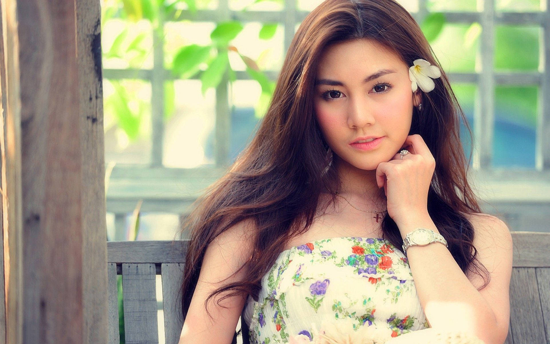 Chinese Girl, long brown hair, white flower in her ear, Full HD Desktop Wallpaper