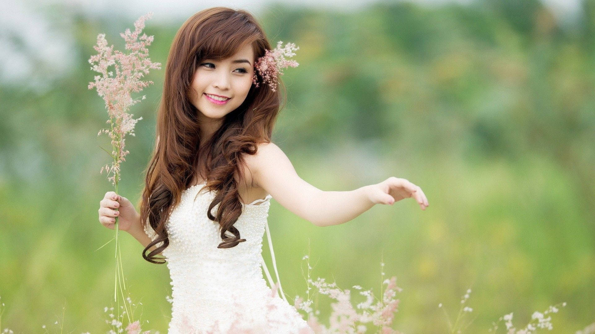 Chinese Girl, white dress, pink grasses, Full HD Desktop Wallpaper