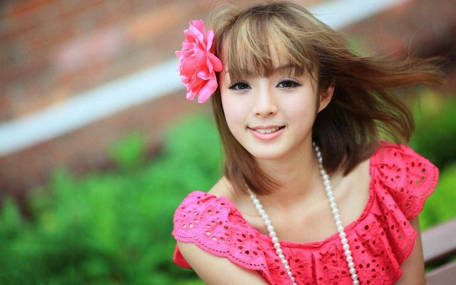 Chinese Girl, pink flower, bright pink lace top, HD Desktop Wallpaper