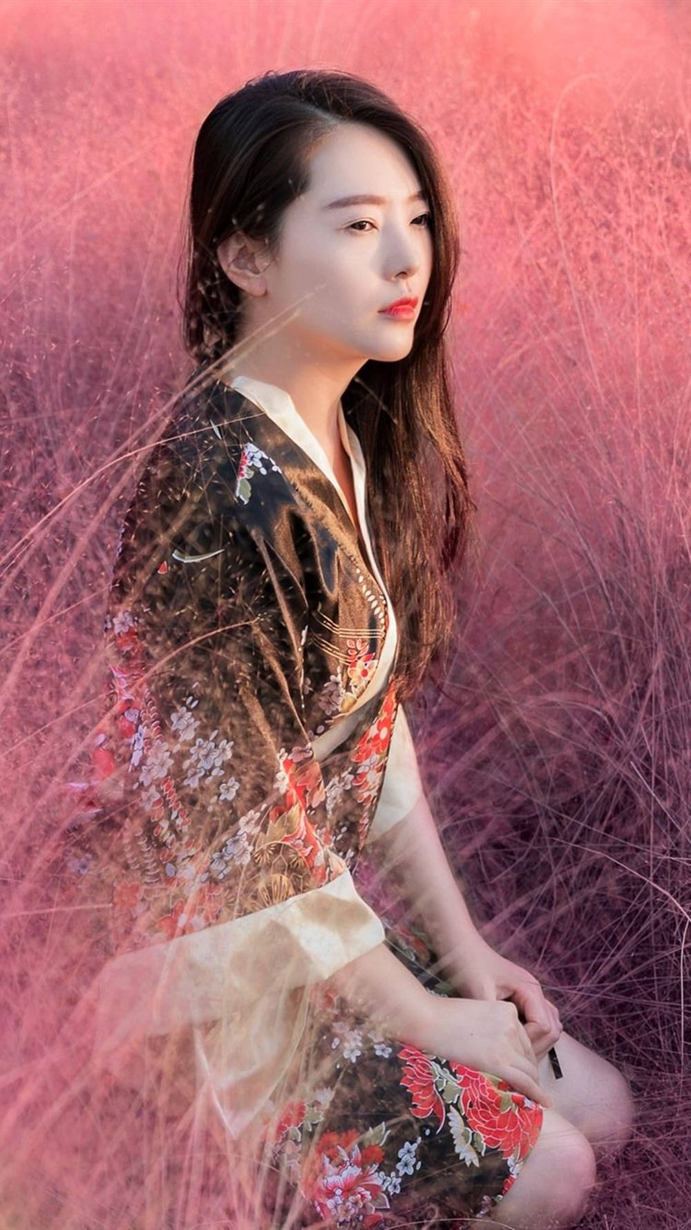 Chinese Girl, pink grass field, floral kimono, HD Phone Wallpaper