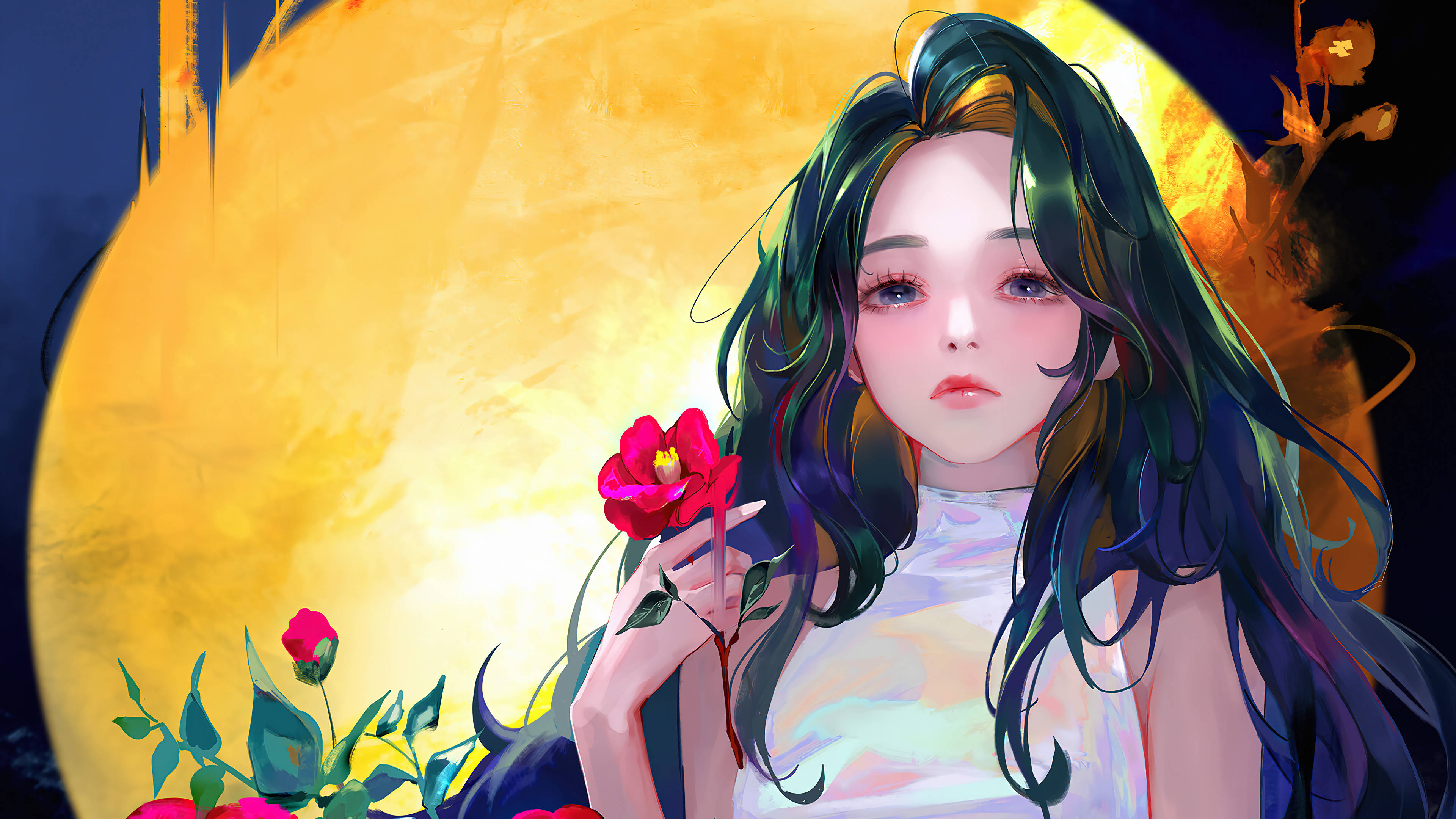 haughty chinese woman, flowing dark hair, red rose, 4K Desktop Wallpaper