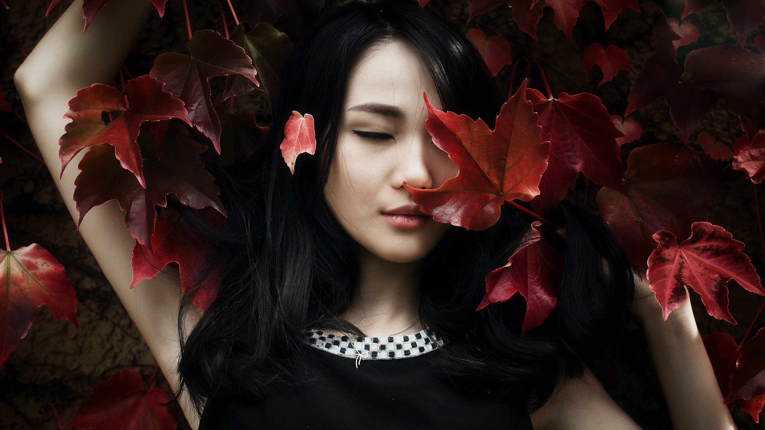 Chinese Woman, autumn leaves, red autumn leaves, 2K Desktop Wallpaper