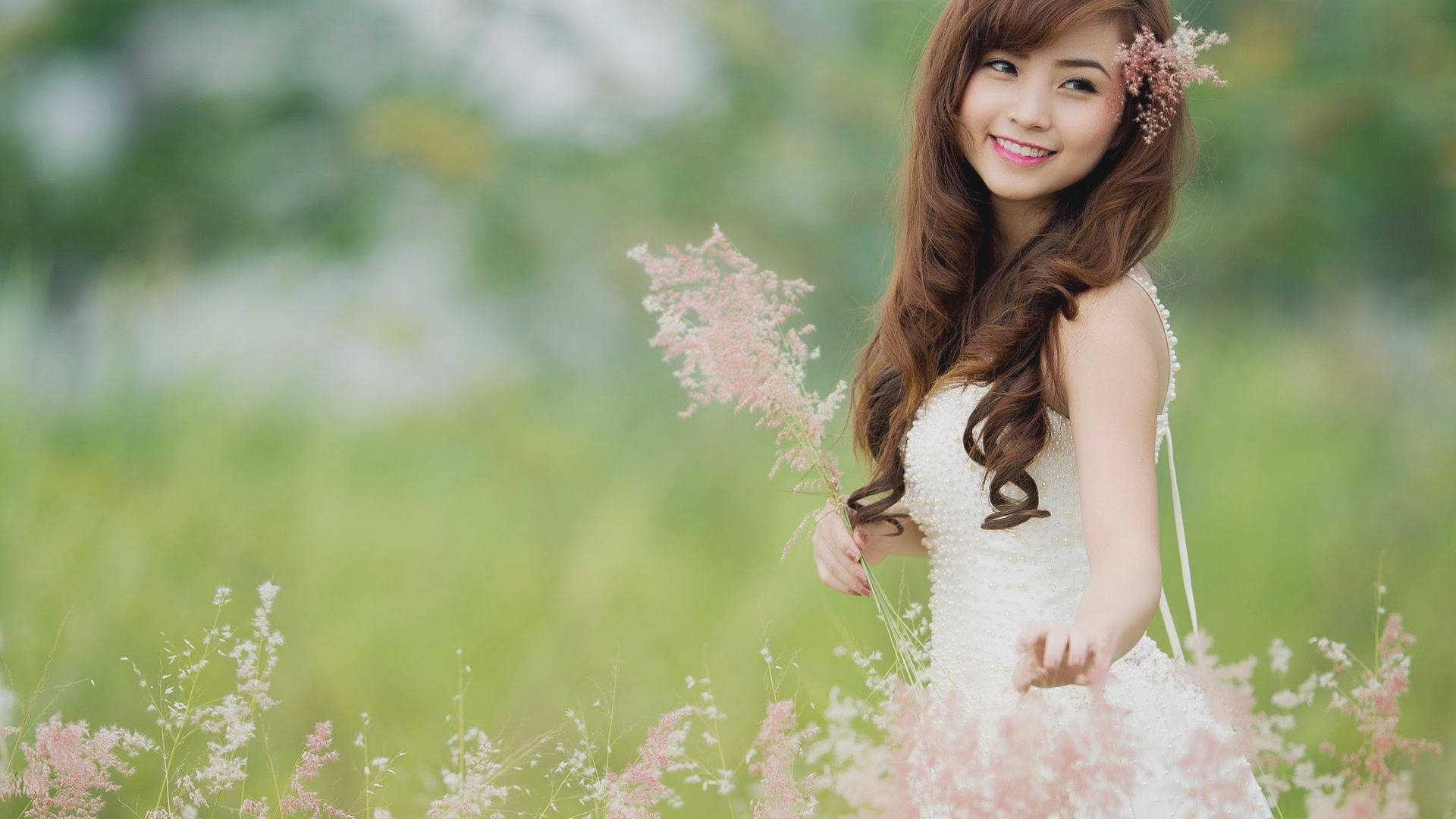 Chinese Woman, white dress, field of pink and green grass, Full HD Desktop Wallpaper