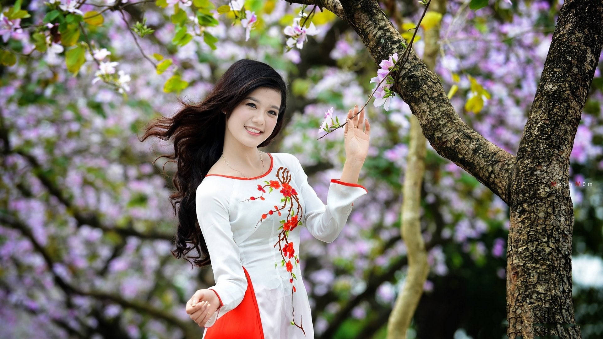 white and red traditional dress, blossoming purple tree, wind-swept hair, Full HD Desktop Wallpaper