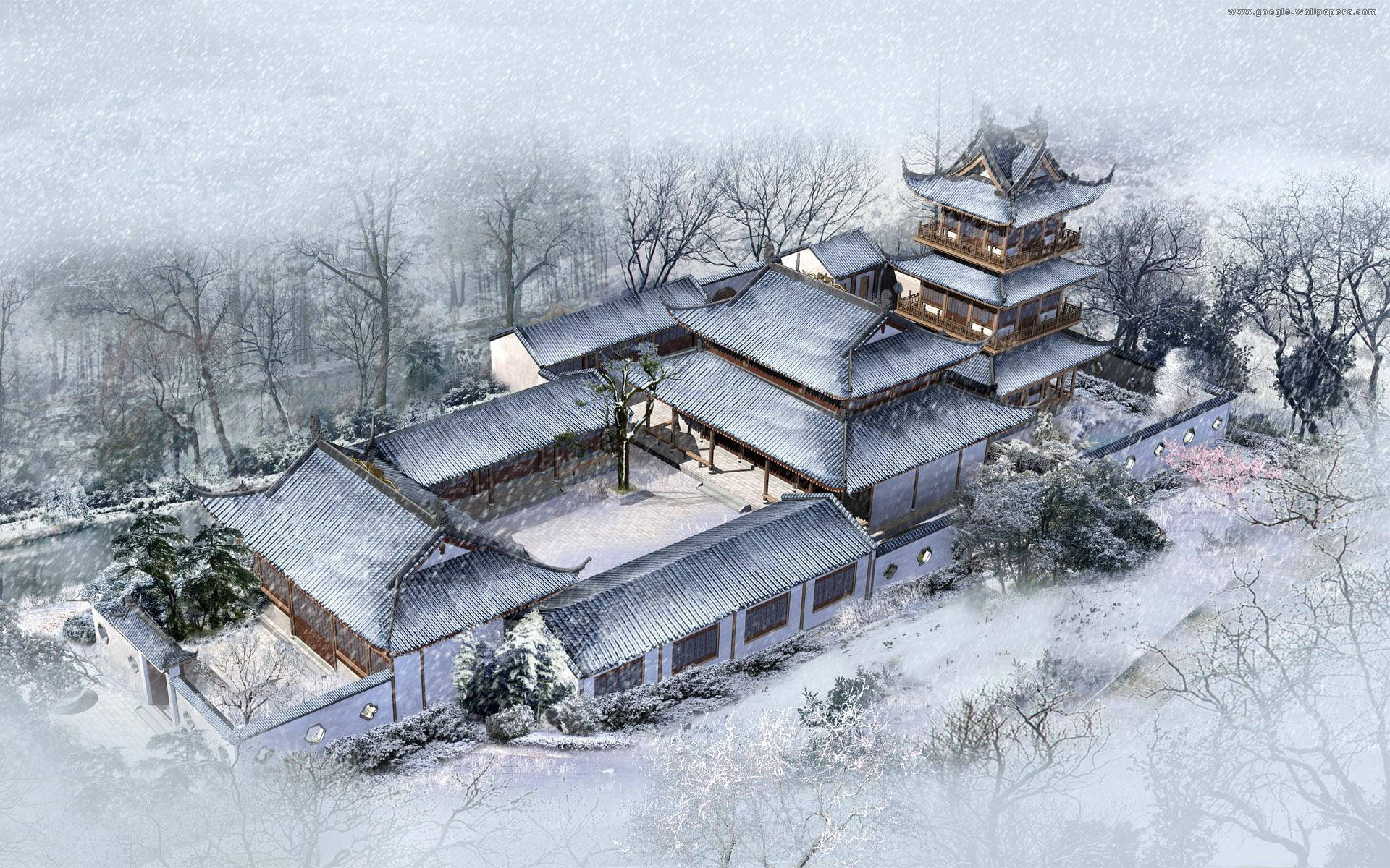 Chinese House, traditional Chinese temple complex, snow, Full HD Desktop Wallpaper