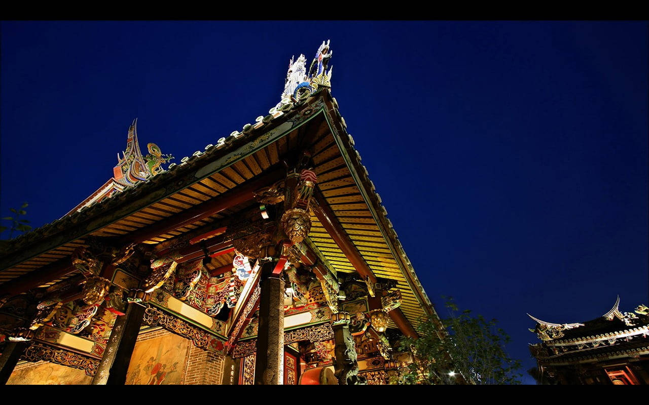 traditional temple roof, deep blue night sky, dramatic low-angle lighting, HD Desktop Wallpaper