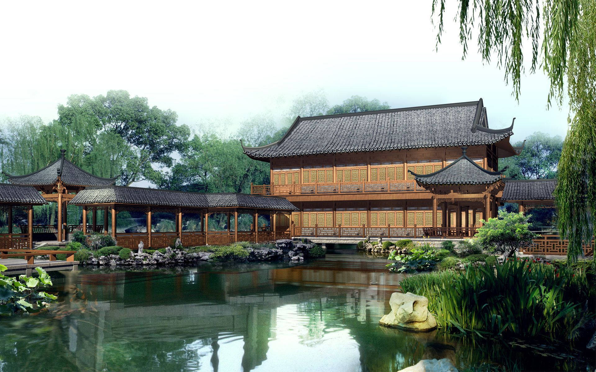 Traditional wooden pavilions, main hall, misty pond, Full HD Desktop Wallpaper