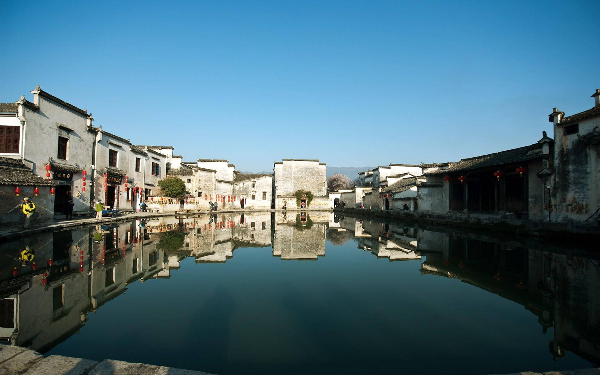 Chinese water town, white-walled, traditional buildings, Full HD Desktop Wallpaper