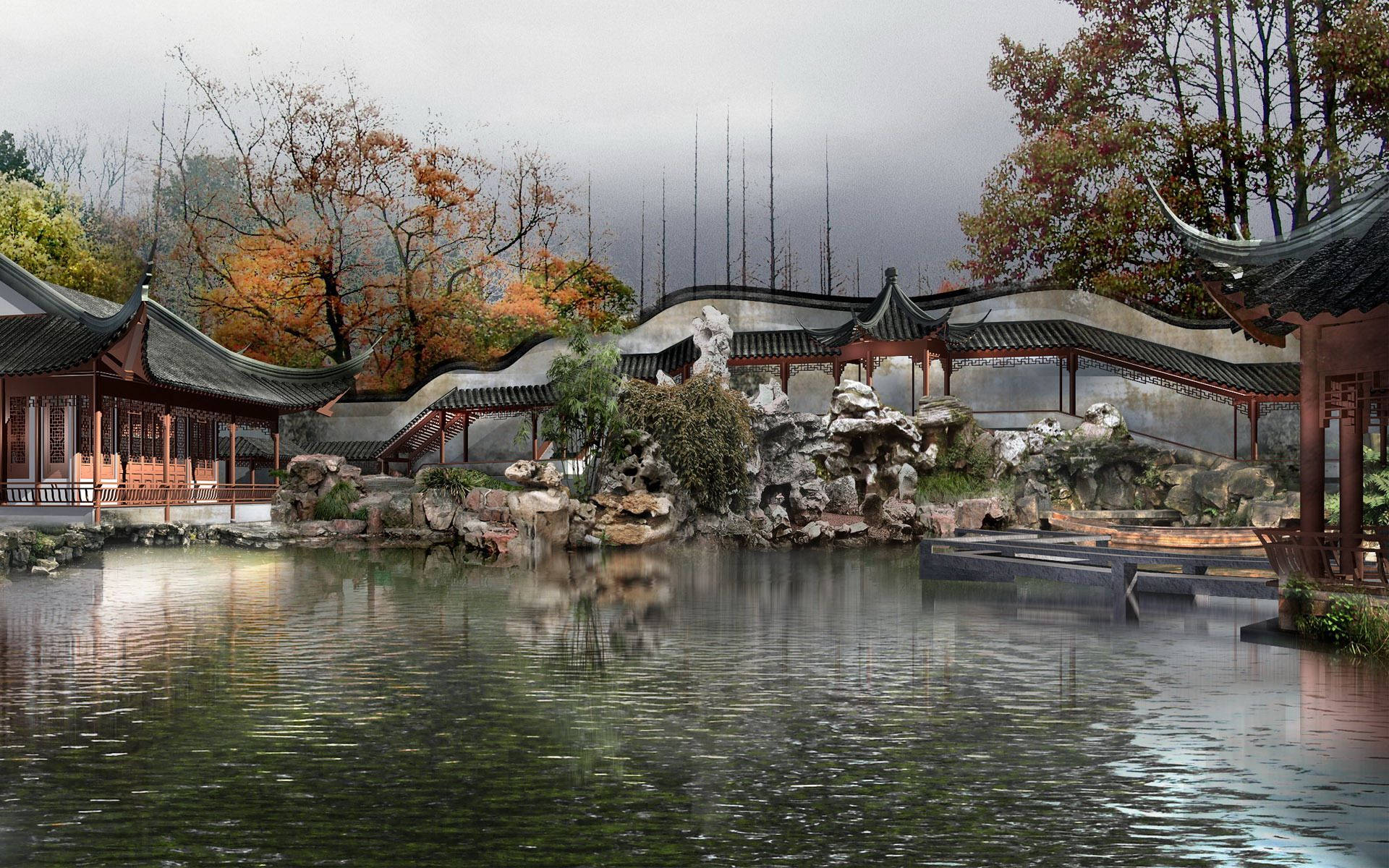Chinese House, walkway, traditional pavilions, Full HD Desktop Wallpaper