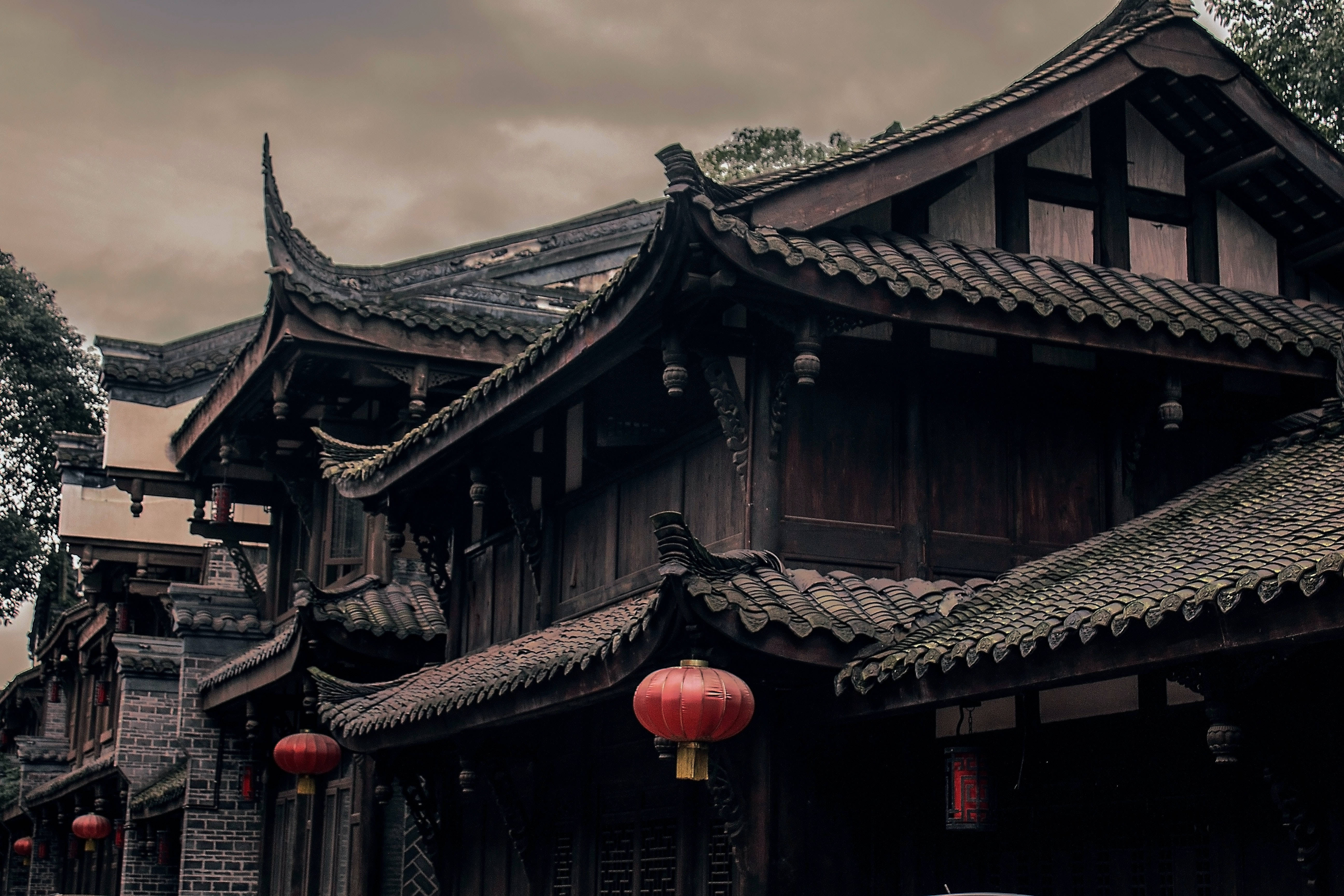Gloomy Chinese House, traditional wooden Chinese architecture, curved tiled roofs, 5K Desktop Wallpaper