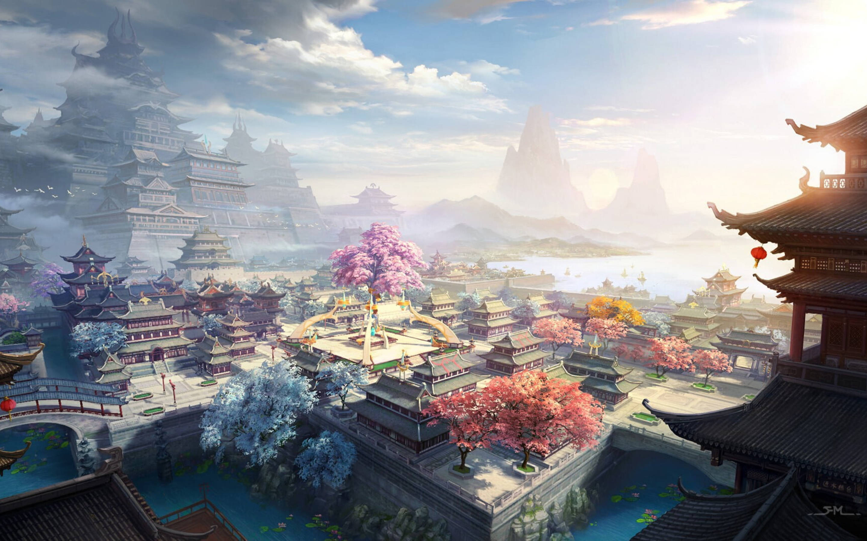 Chinese House, traditional East Asian architecture, cherry blossom trees, 2K Desktop Wallpaper